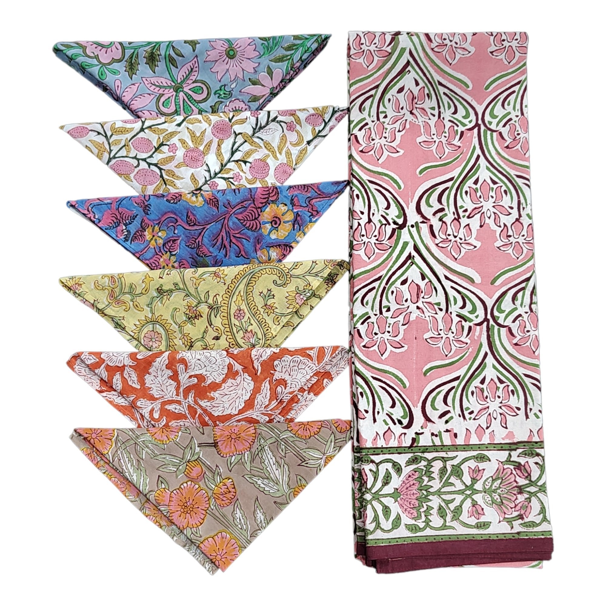 Floral Hand Block Print Tablecloth & Napkins Set