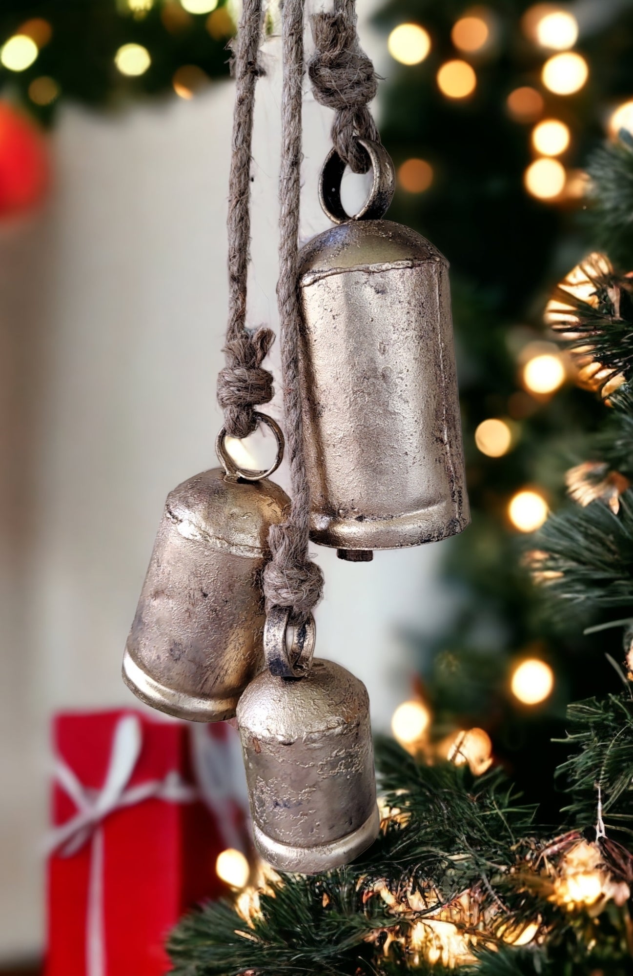 Enhance your decor with handmade antique finish cow bells, perfect for Christmas and rustic elegance. Experience harmony and vintage charm!