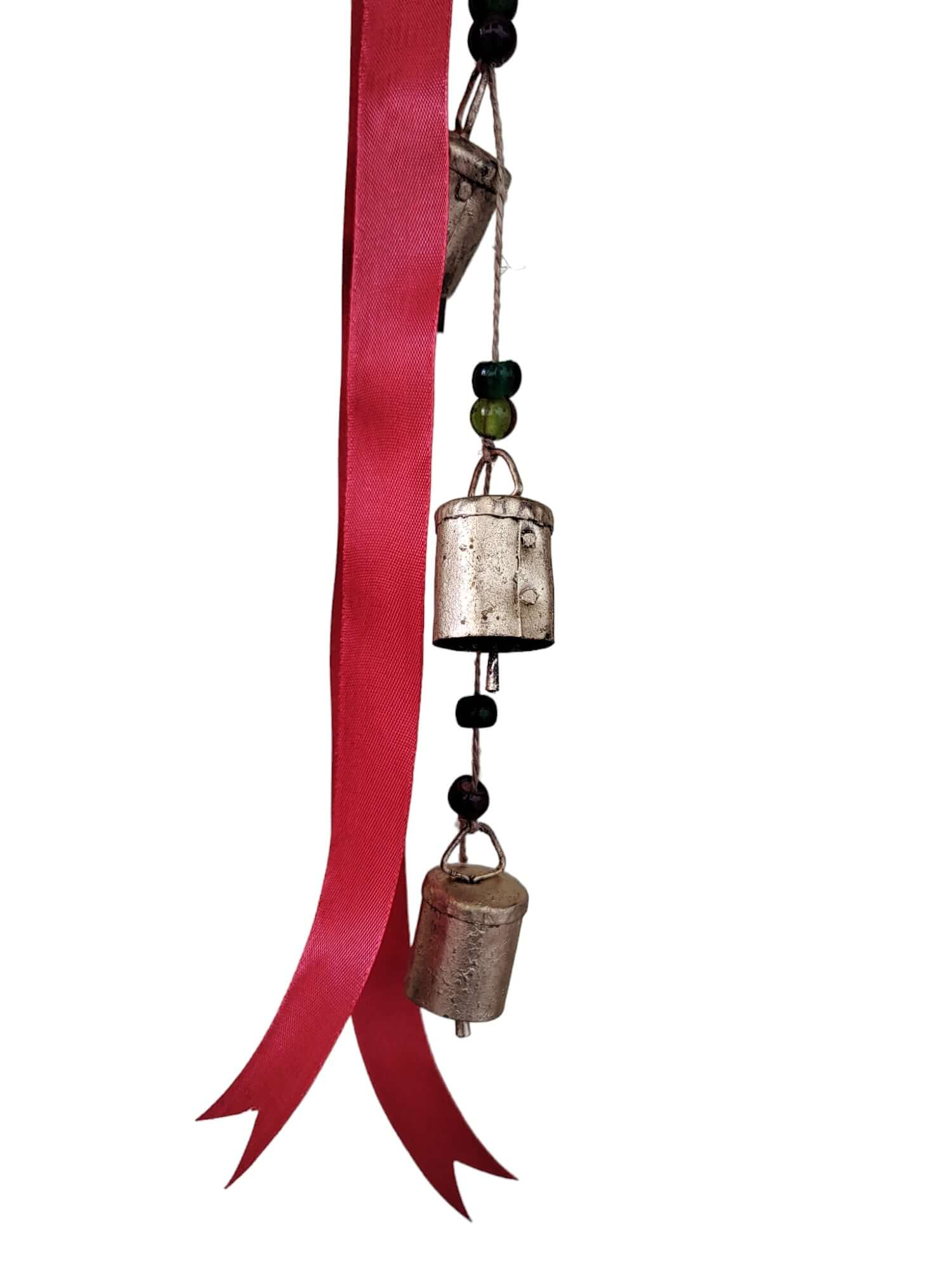 Metal Wall Hanging Bells Vintage Indian Style with red ribbon and decorative beads, set of 10 strands.