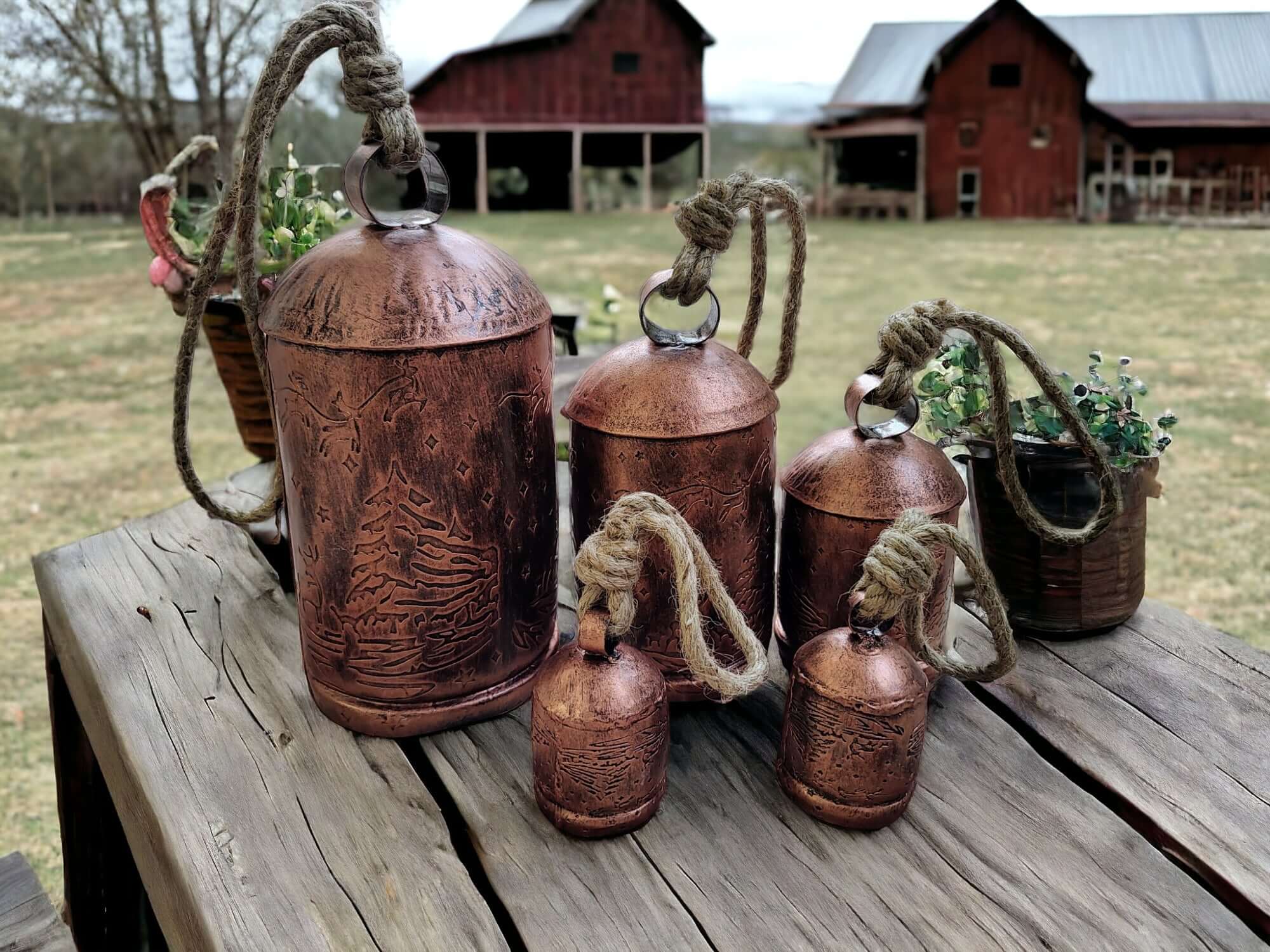 Rustic harmony bells set of 5 antique finish hanging cow bells for vintage Christmas decor, garden decoration.