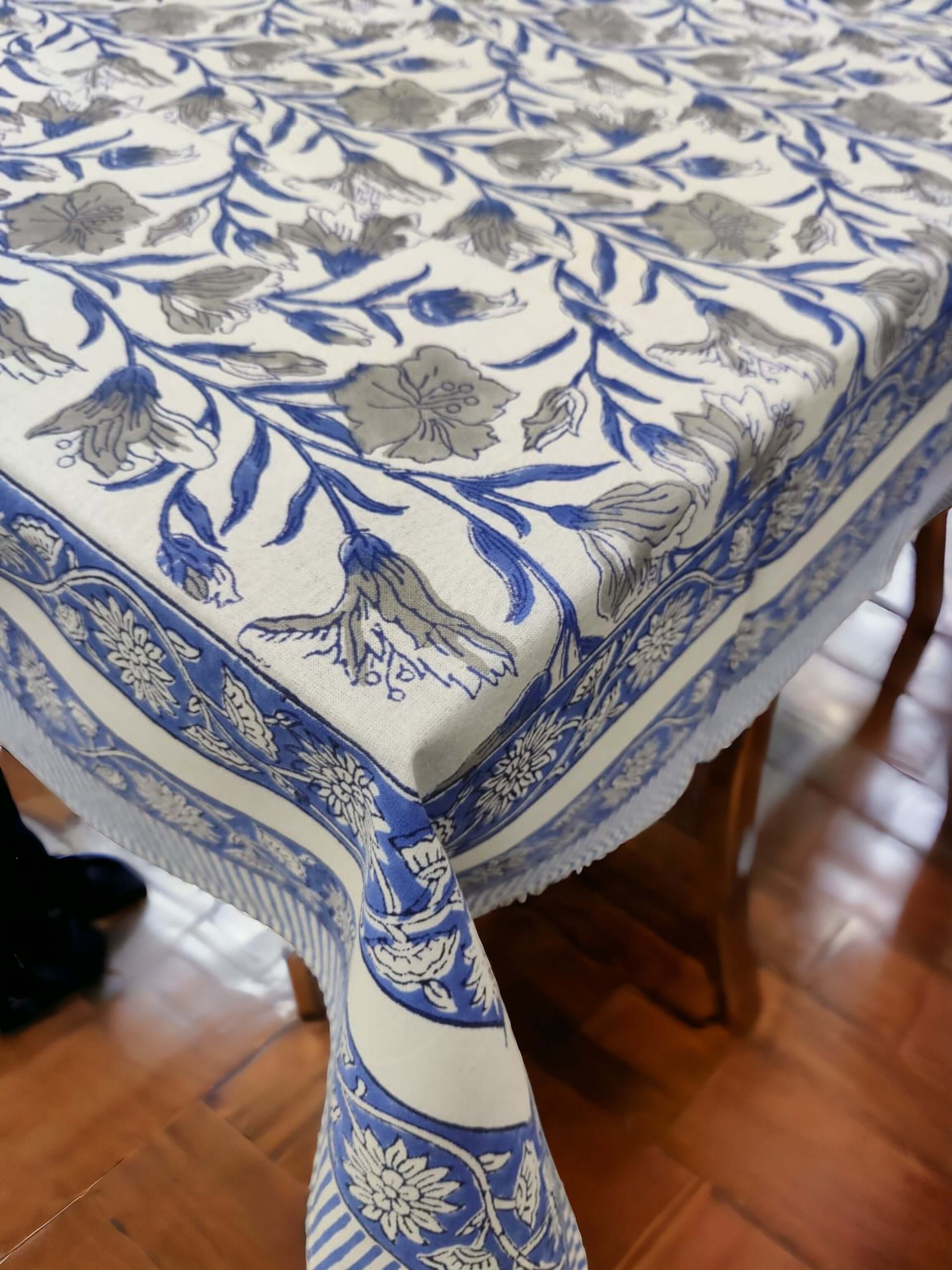Indian hand block print tablecloth in blue and white floral design, 100% cotton, ideal for home décor and kitchen linen.