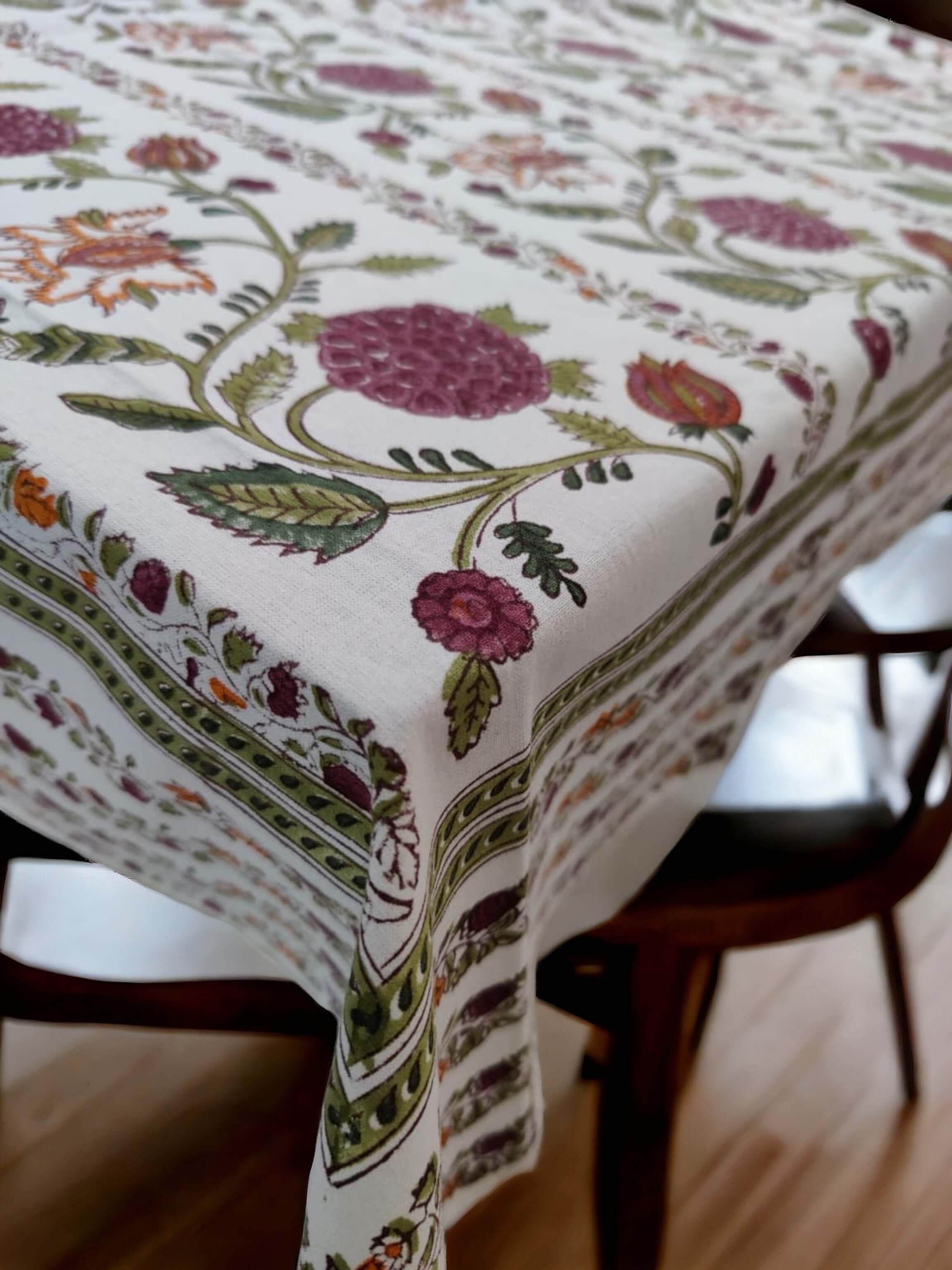 Indian hand block print tablecloth featuring floral designs, 100% cotton, suitable for home décor and dining.