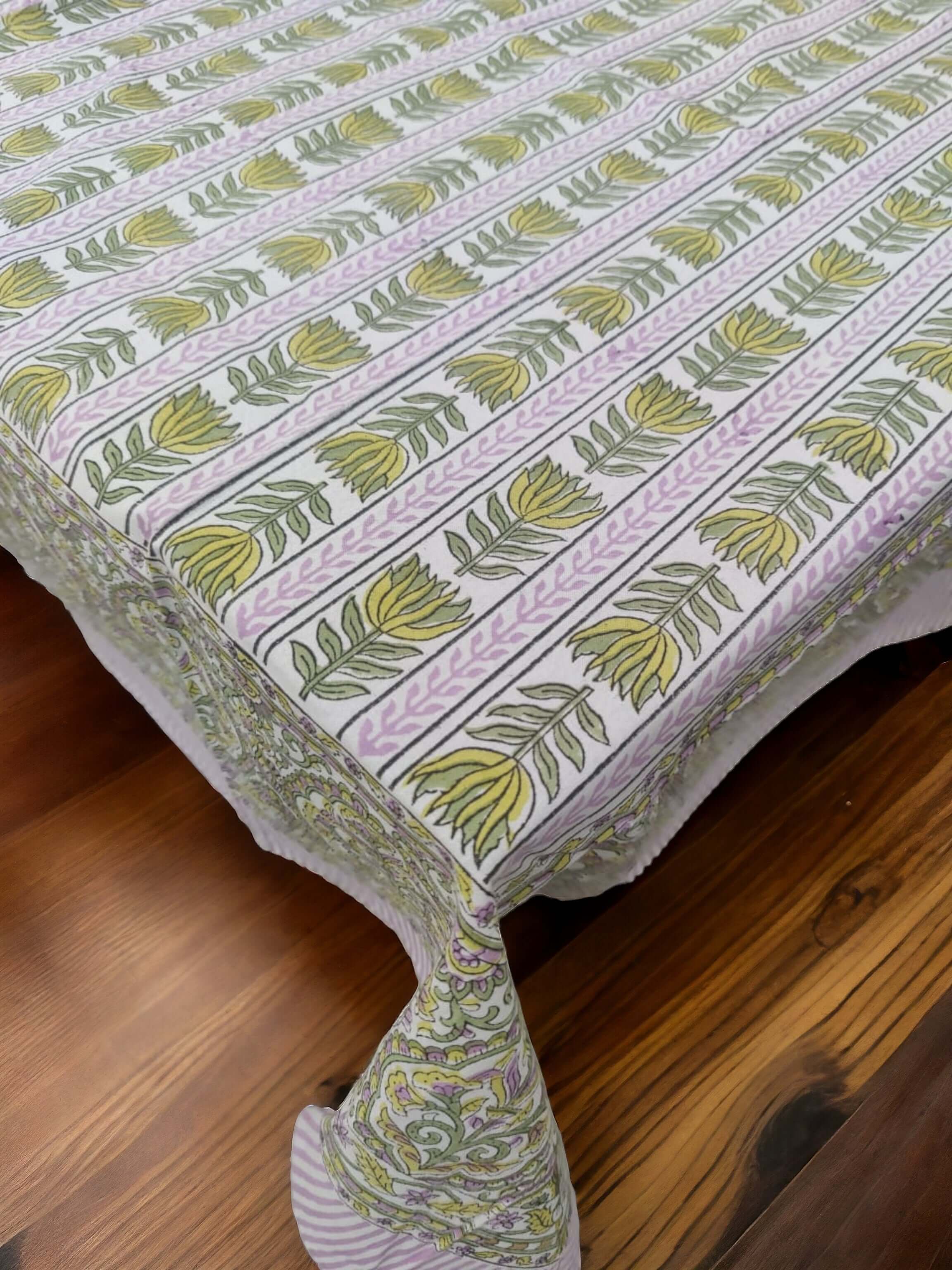 Indian hand block print tablecloth in floral pattern, 100% cotton, 60 x 90 inches, perfect for home décor and kitchen use.