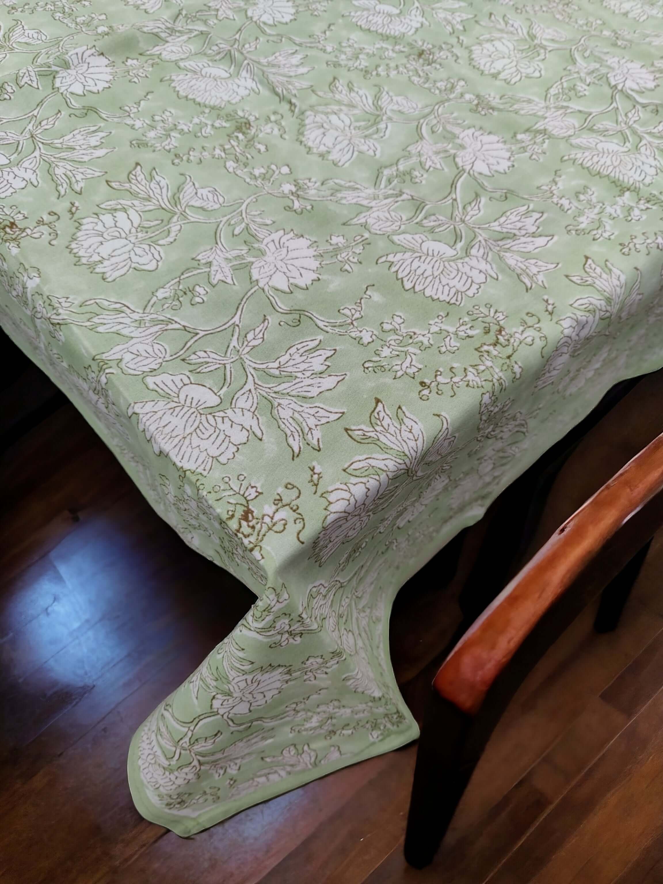 Indian hand block print tablecloth in green floral design, 100% cotton, enhancing boho-themed home décor.