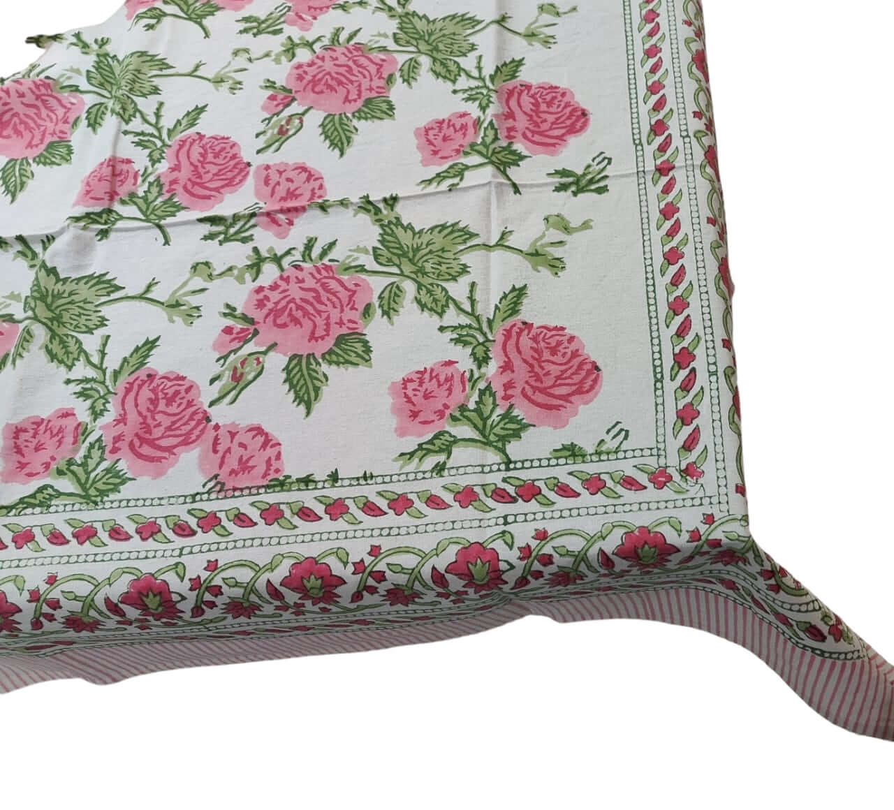 Indian hand block print tablecloth featuring pink roses on white cotton, ideal for boho home décor, size 60x90 inches.