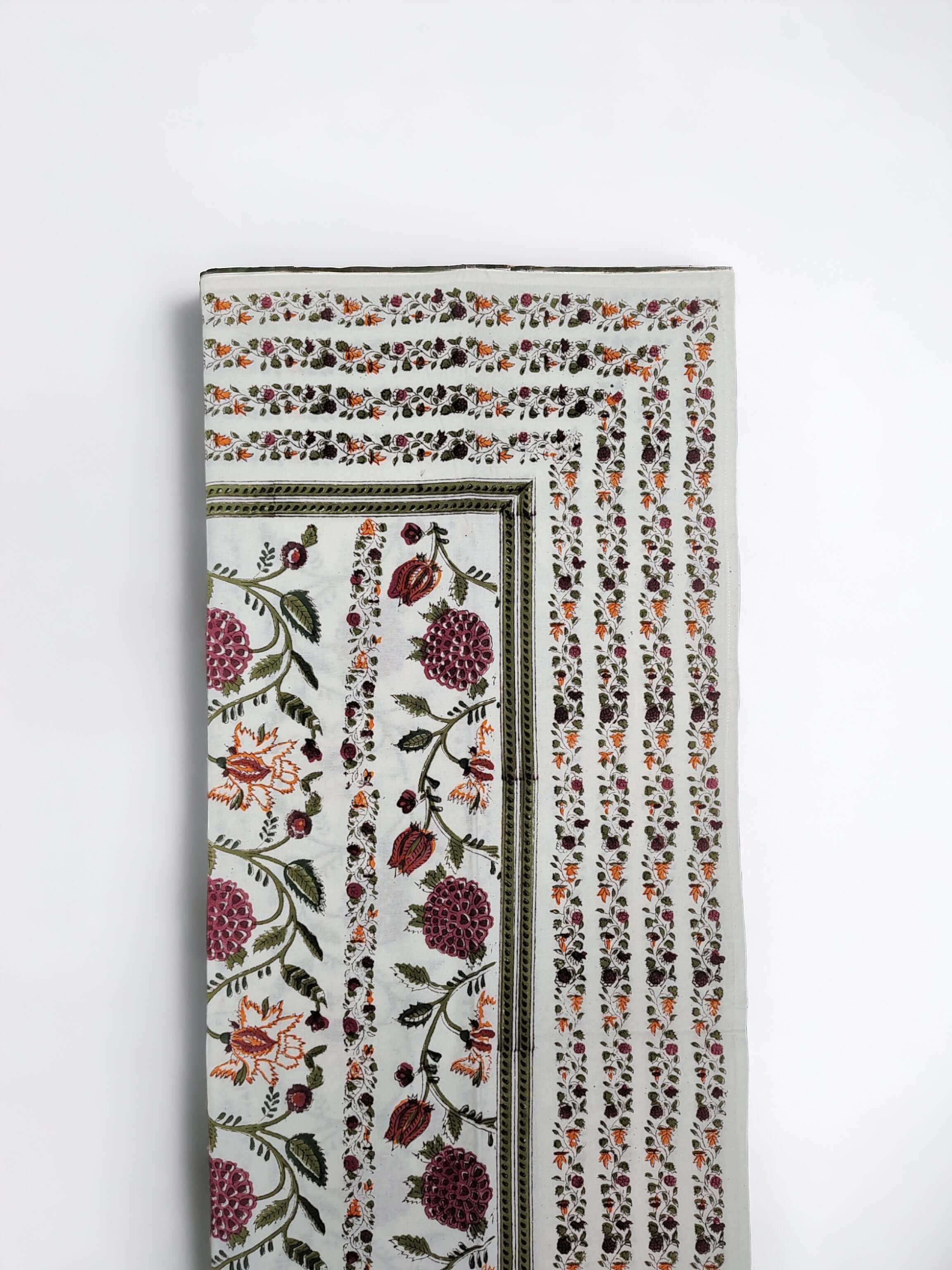 Indian hand block print tablecloth showcasing floral designs in premium 100% cotton, perfect for home décor and dining.