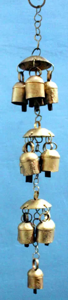 Antique gold wind chime featuring 13 recycled iron bells, perfect for indoor and outdoor decor.
