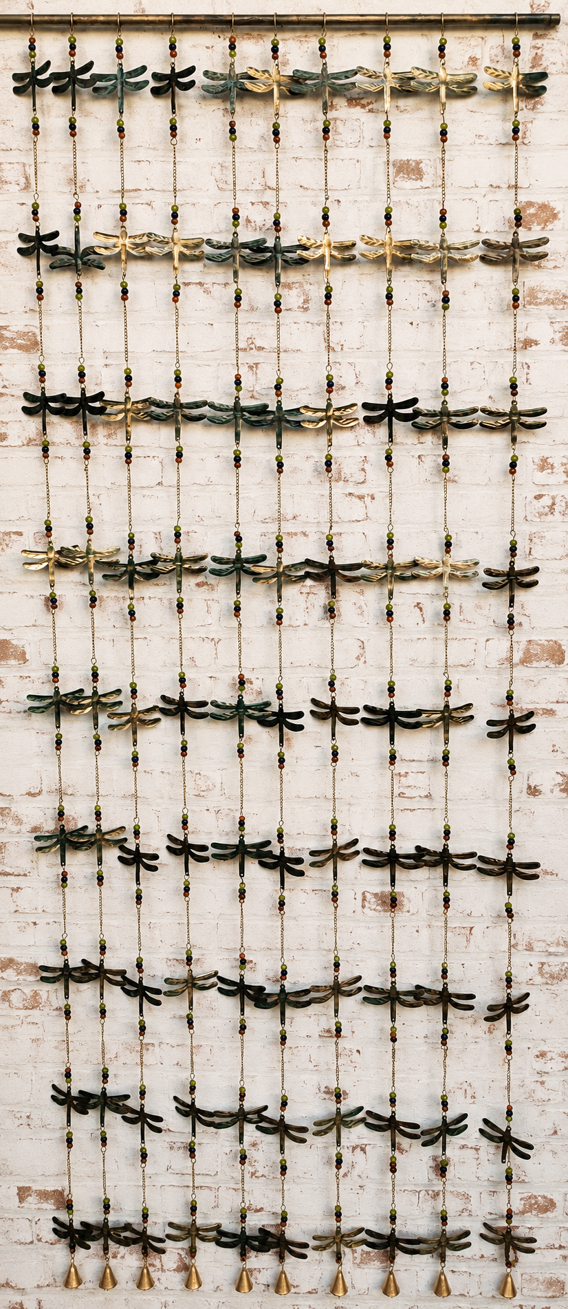Rustic Colorful Dragonfly with Beads and Bell Hanging Decoration, Room Divider, Garland Boho Decor 77" Height