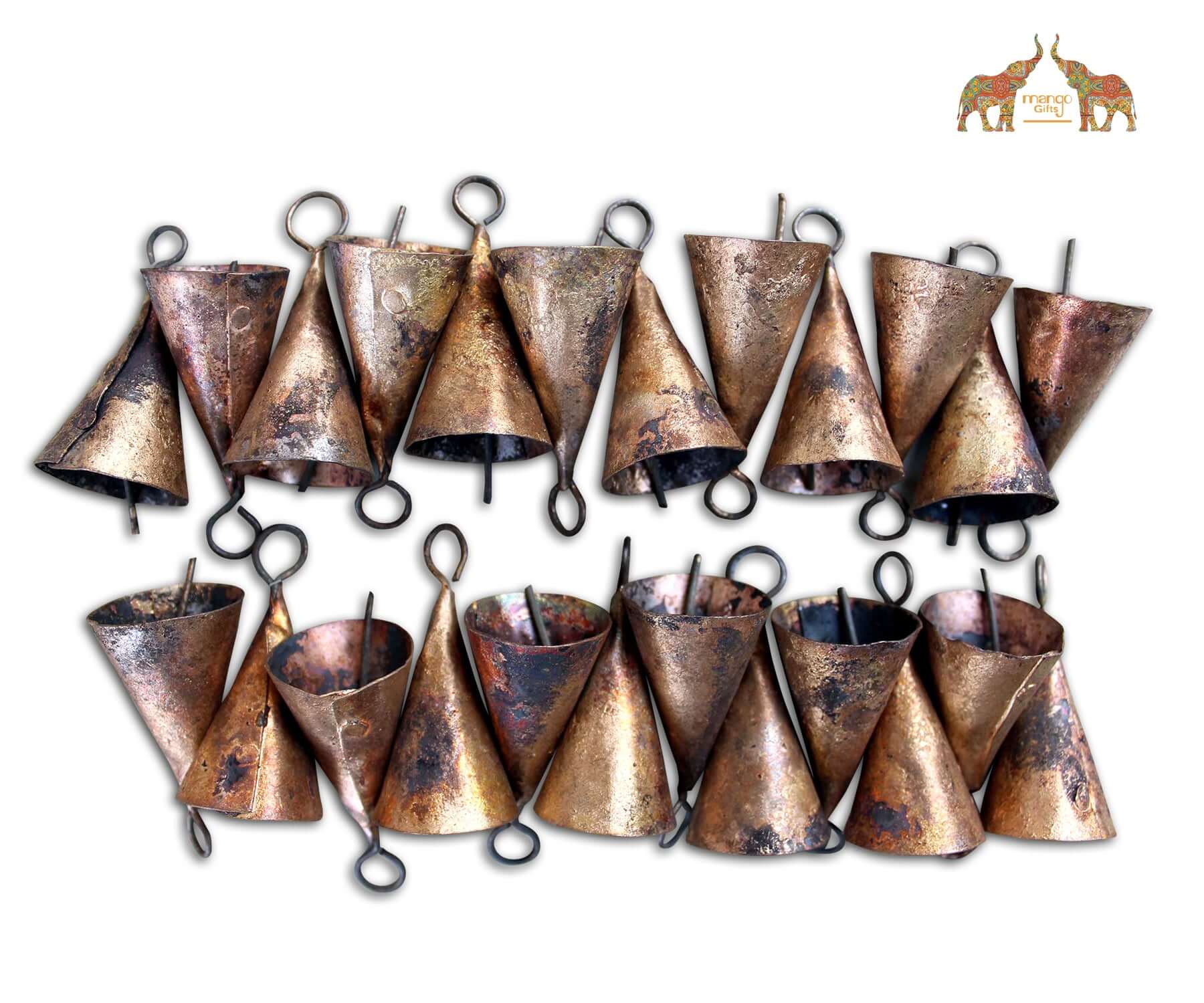 Rustic cone shape bells made from recycled iron, handmade, and 1.75" tall, ideal for crafting and decor.