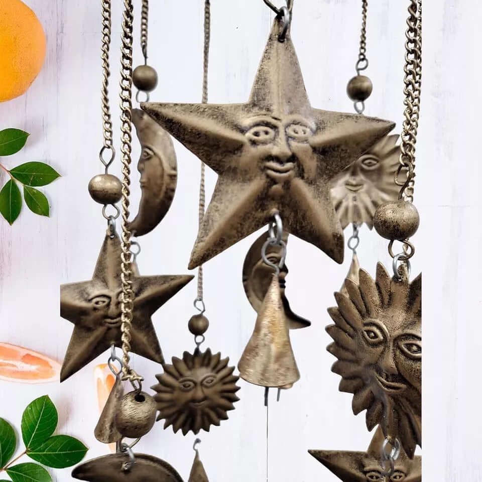 Antique Look Sun Moon Wind Chime Bells hanging decor with star and sun designs in antique gold finish.