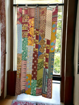 Upcycled Indian Vintage Sari Curtain Kantha Embroidered Patchwork 100%Cotton Boho Theme Window Door Drapes