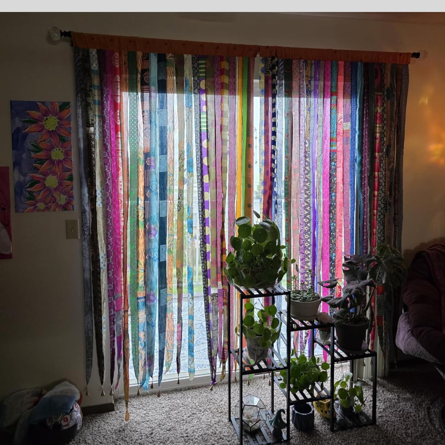 Old Silk Sari Multicolor Ribbon Doorway Curtain Hippie Bohemian Room Divider Light-Filtering Boho Curtains Rod Pocket Window Drape for Livingroom Bedroom 85 x 45 Inch