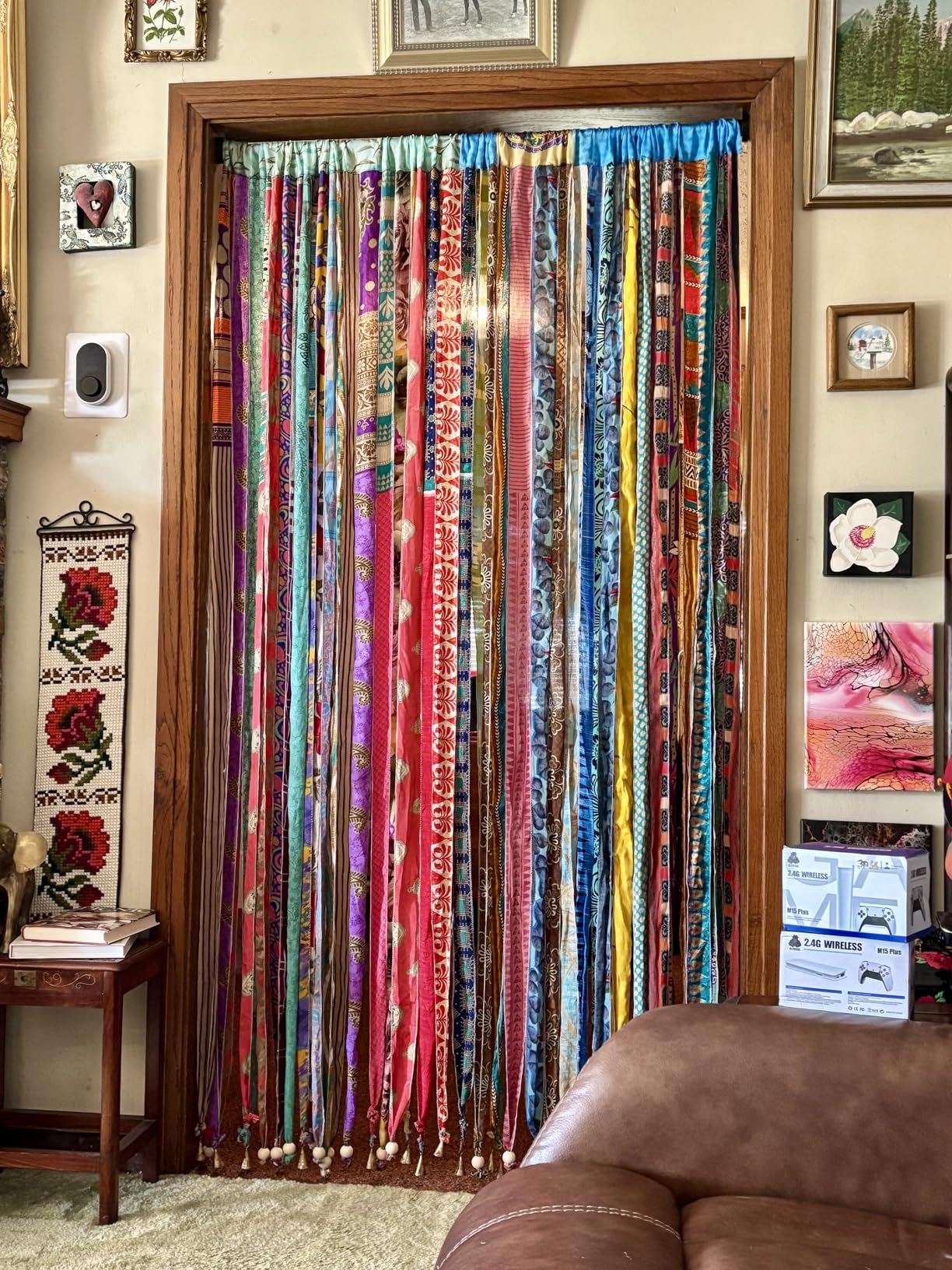 Old Silk Sari Multicolor Ribbon Doorway Curtain Hippie Bohemian Room Divider Light-Filtering Boho Curtains Rod Pocket Window Drape for Livingroom Bedroom 85 x 45 Inch