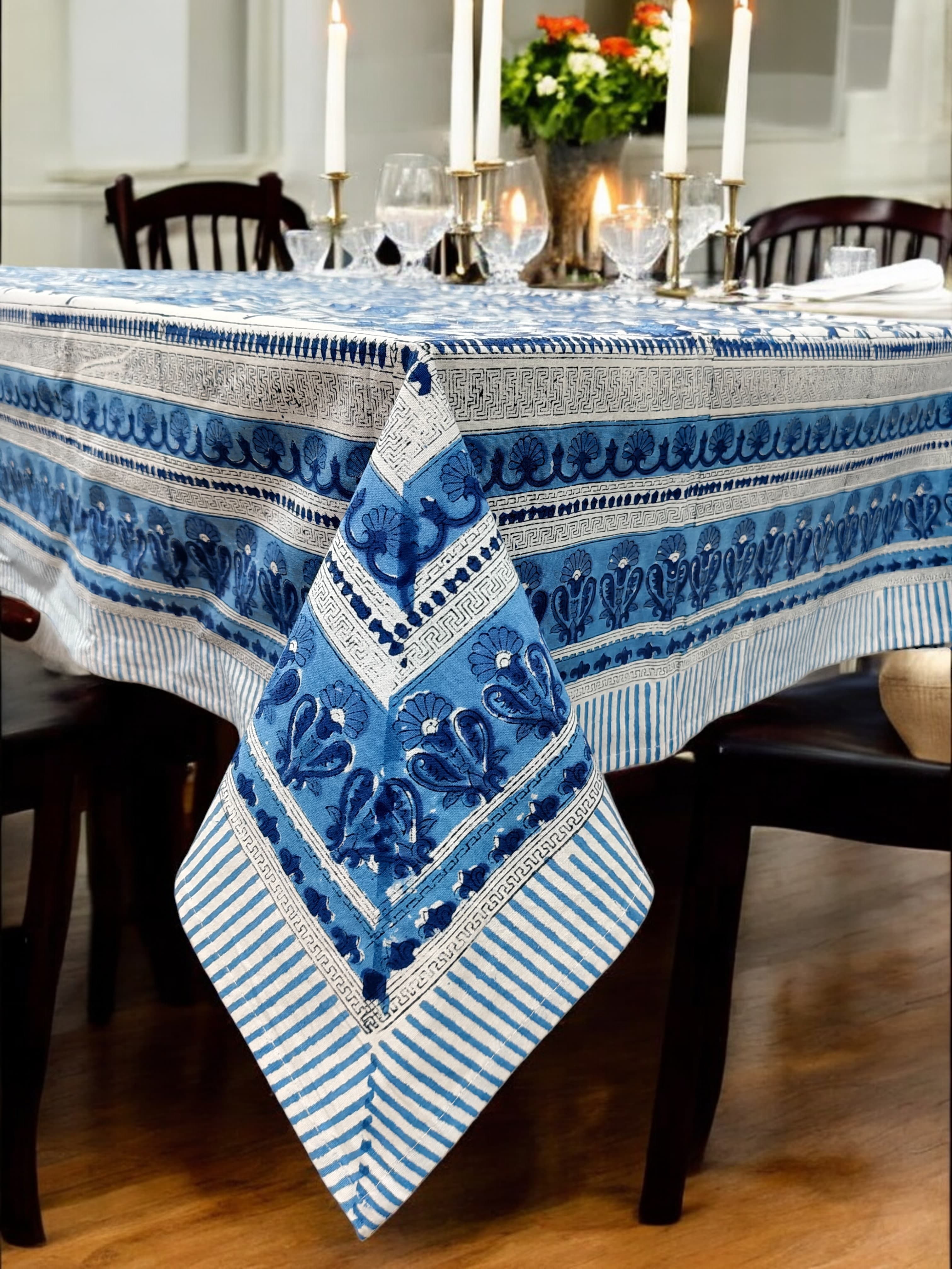 Mango Gifts Hand Block Printed 100% Rectangular Pure Cotton Tablecloth | Floral & Striped Design, Washable Dining Table Cover, 60x90 Inches