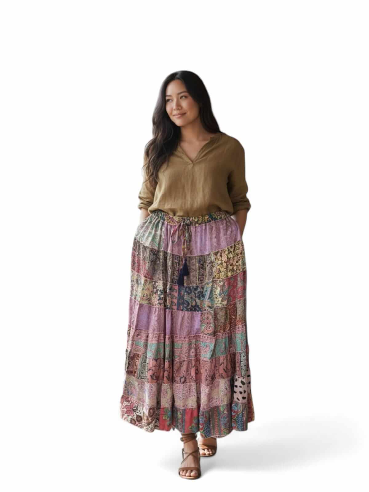 Woman wearing a colorful silk skirt with a patchwork design and drawstring, styled in a bohemian outfit.