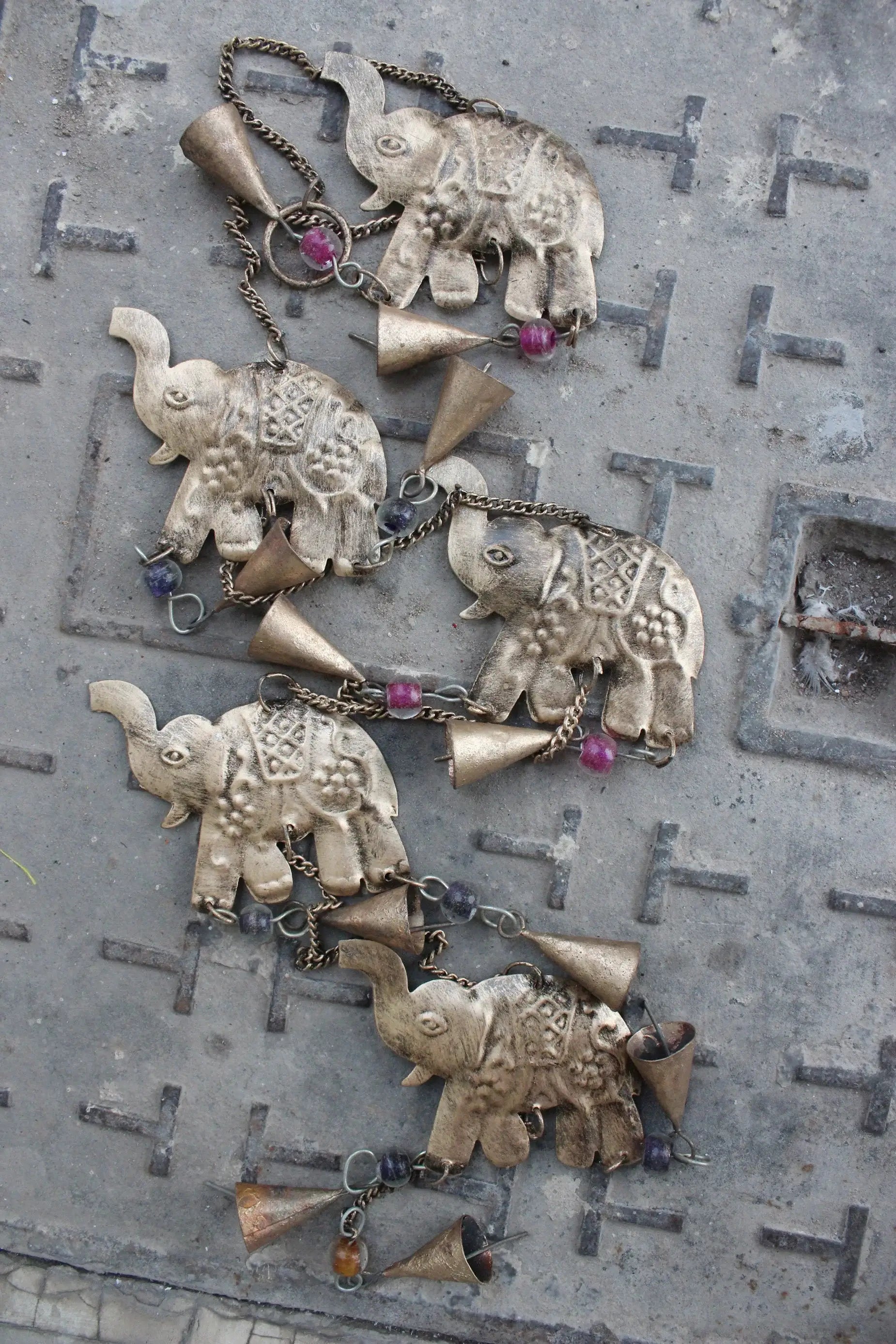 Handmade elephant wall hanging wind chimes set of 5, bronze recycled iron with glass beads, 52 inches long.