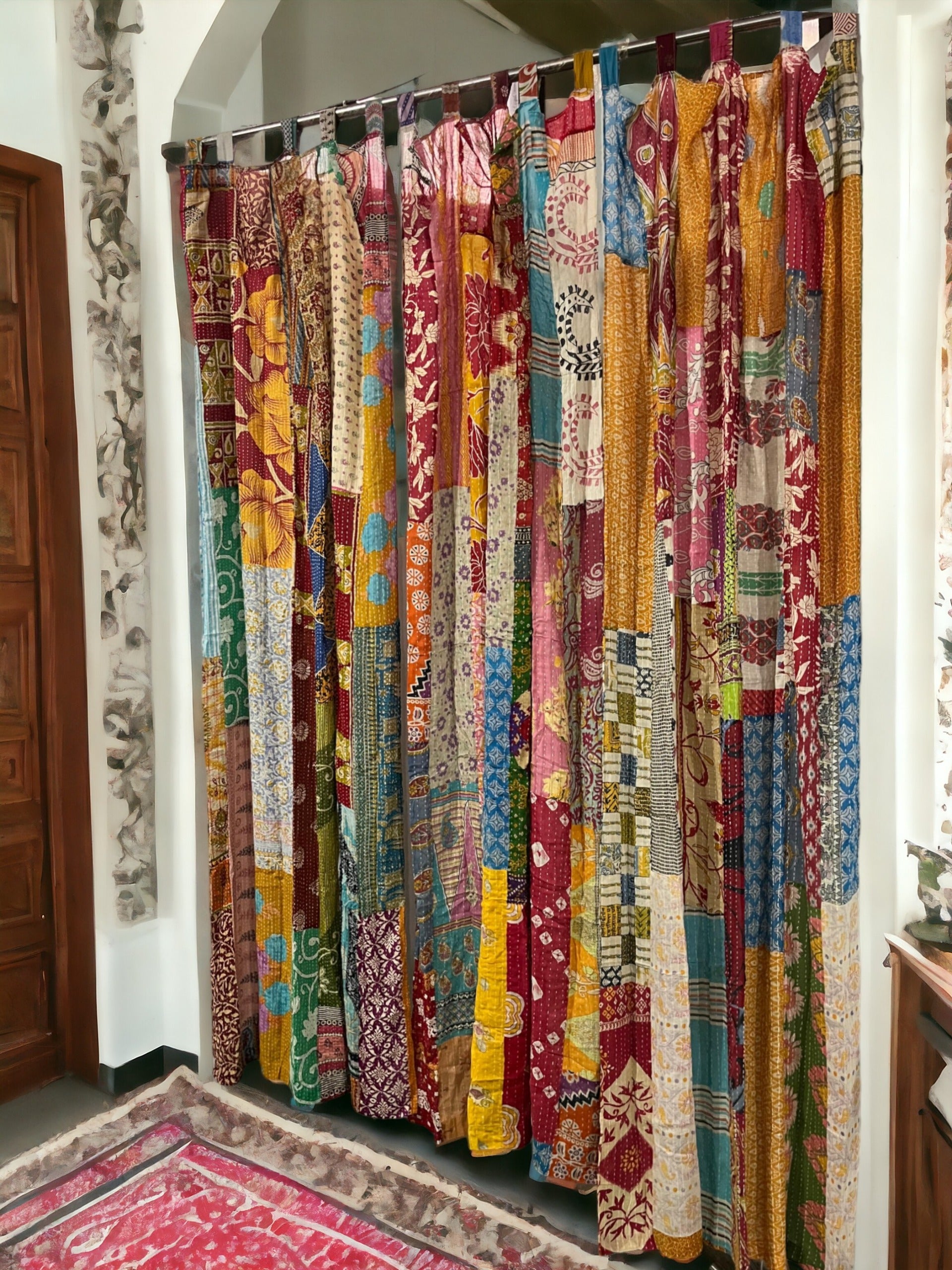 Upcycled Vintage Sari Curtain - Boho Kantha Drapes