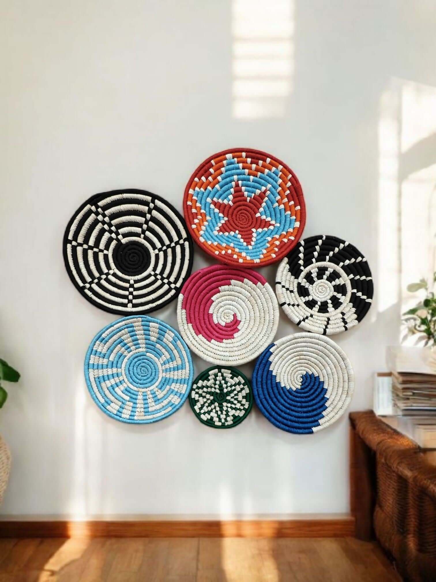 Colorful Sabai grass woven wall baskets set of 7, showcasing bohemian charm and eco-friendly design for home décor.