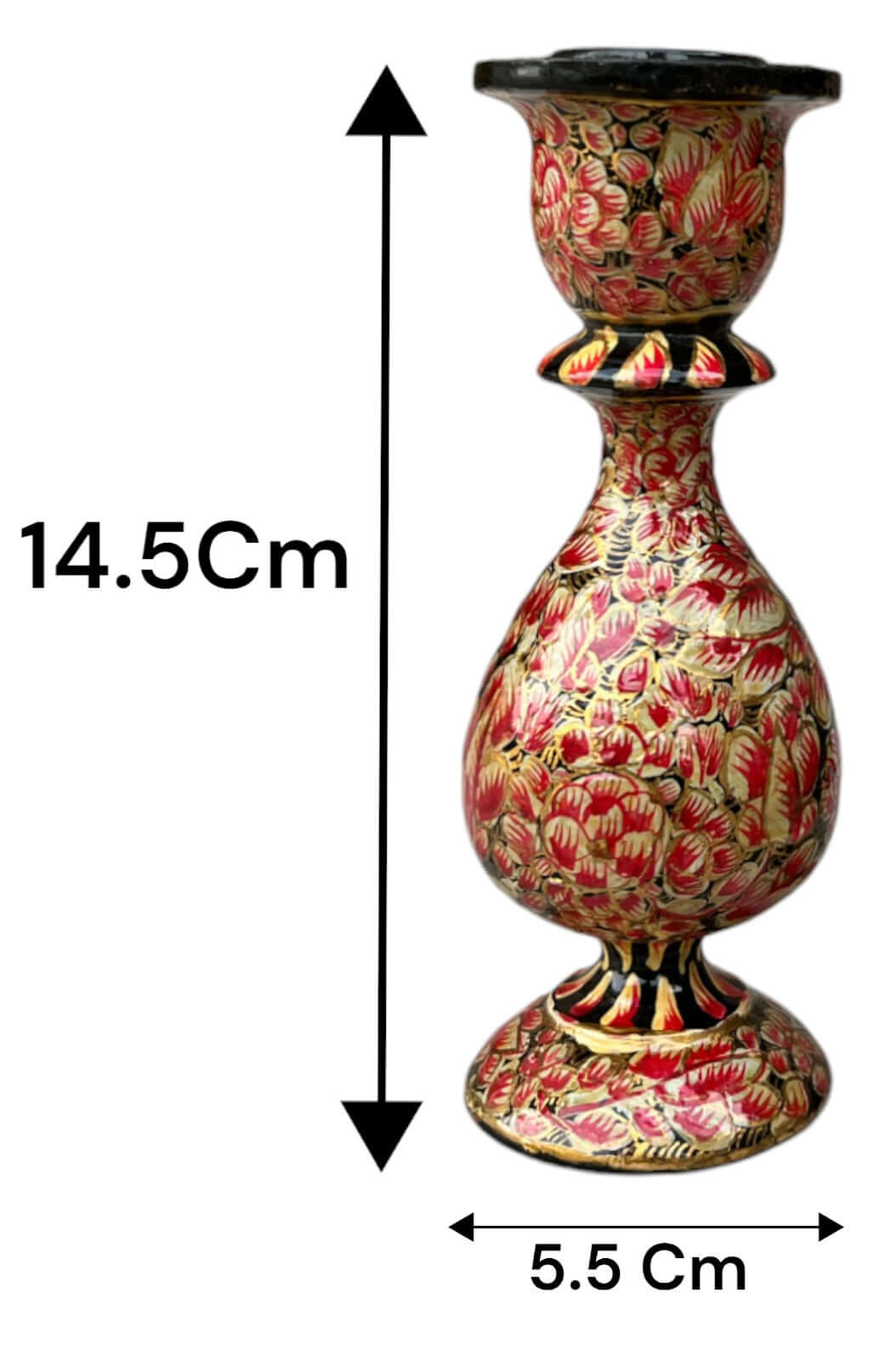Hand-painted paper mache vase measuring 14.5cm height and 5.5cm width, featuring beautiful floral designs.
