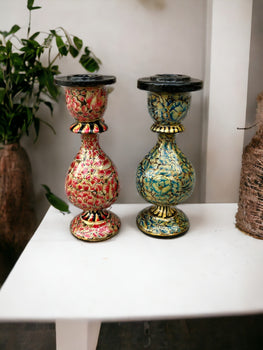 Hand-Painted Kashmiri Papier Mache Candle Holders