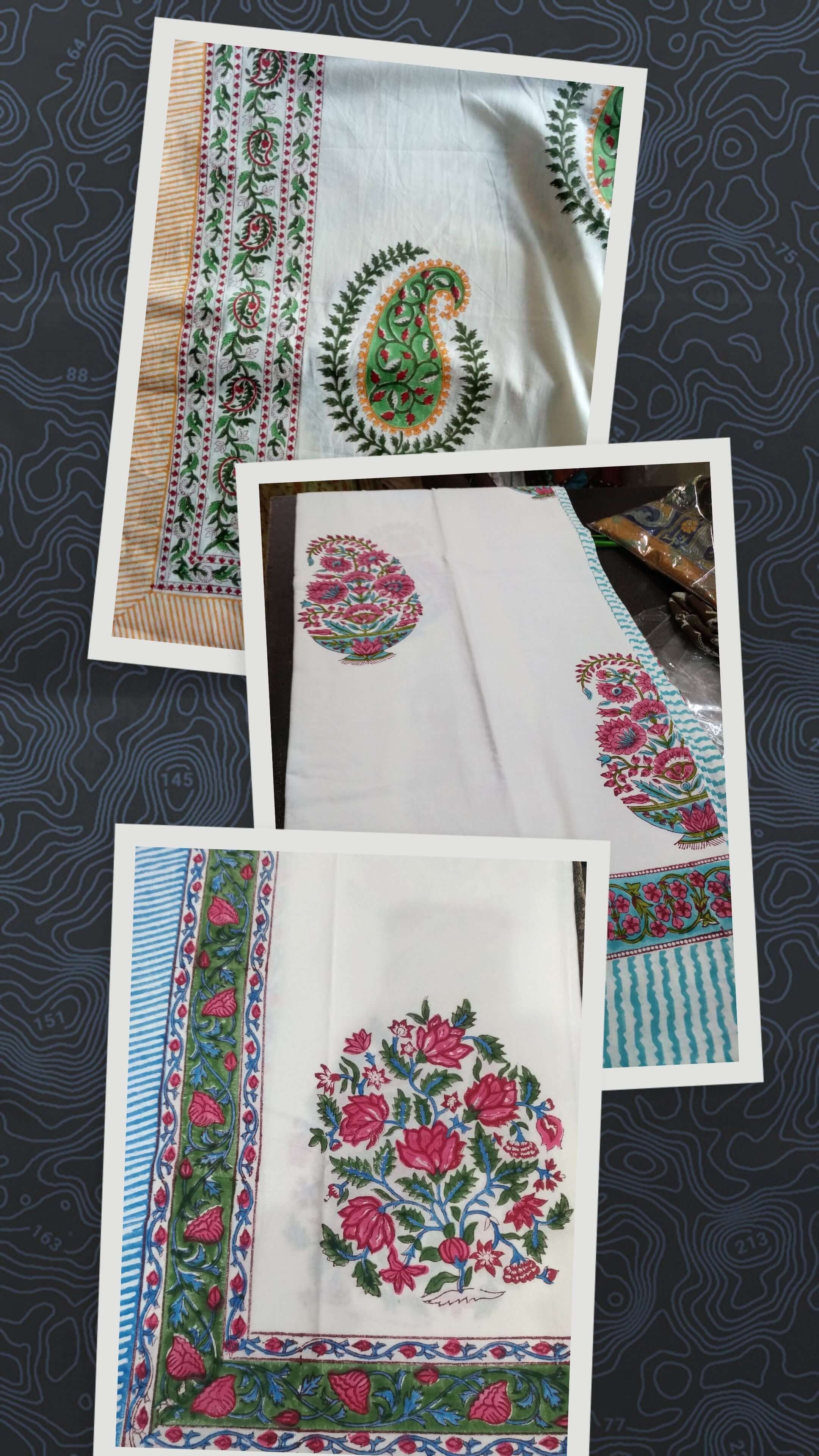 Indian hand block print tablecloth showcasing floral designs, vibrant colors, and intricate borders, perfect for home décor.