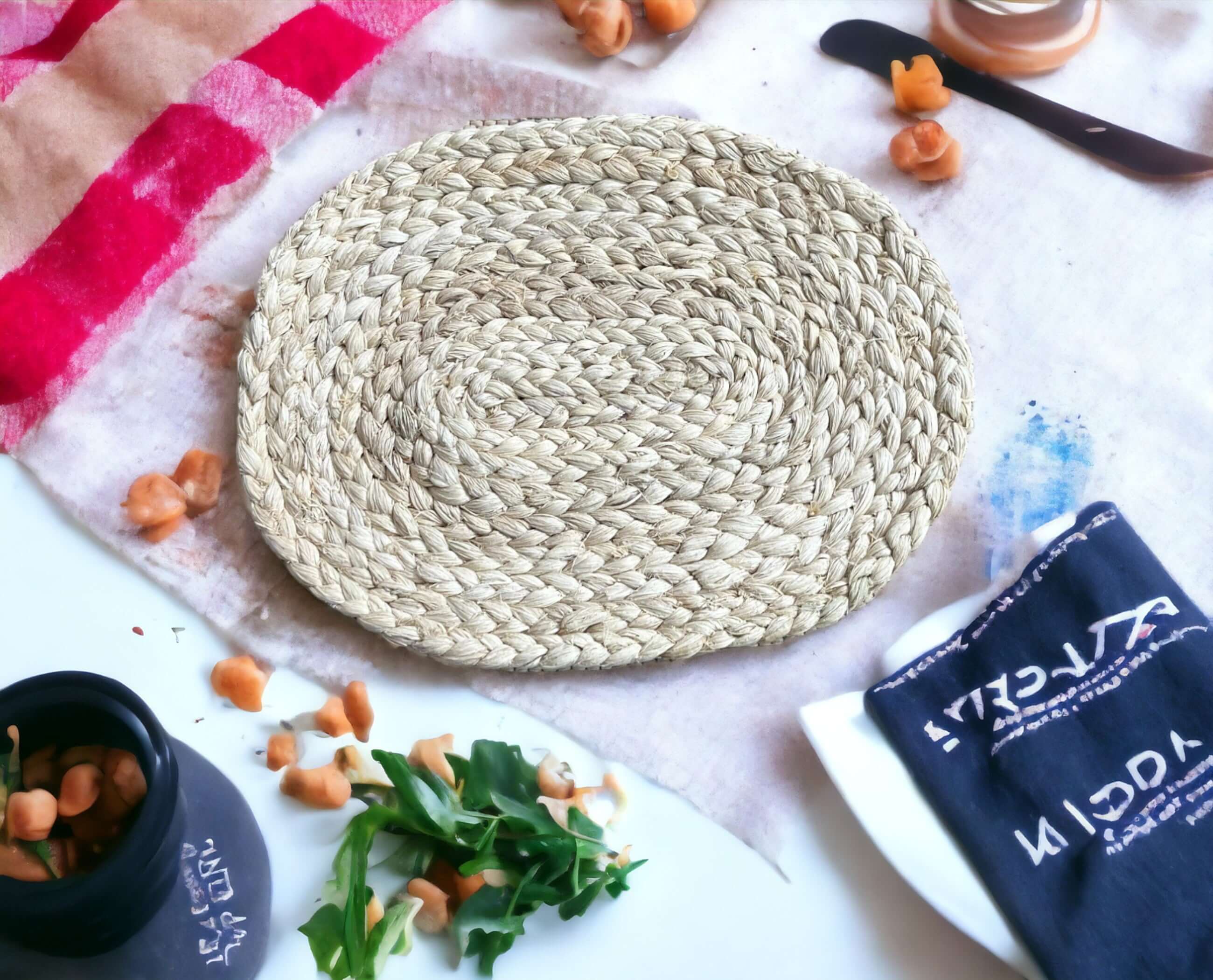 Handwoven natural placemat on a dining table, showcasing sustainable and stylish design.