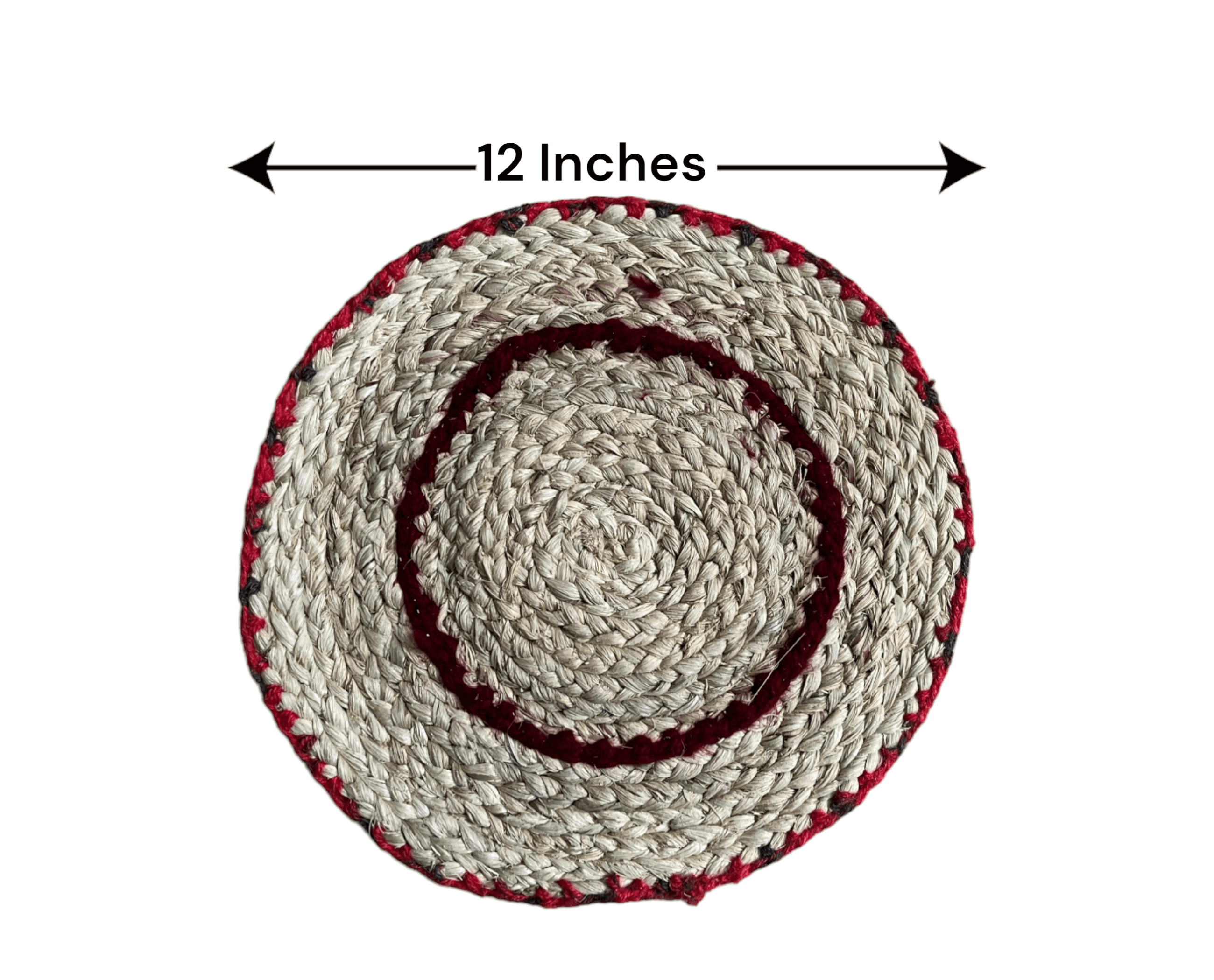 Handwoven banana fiber placemat with red trim, 12 inches in diameter, eco-friendly and sustainable design.