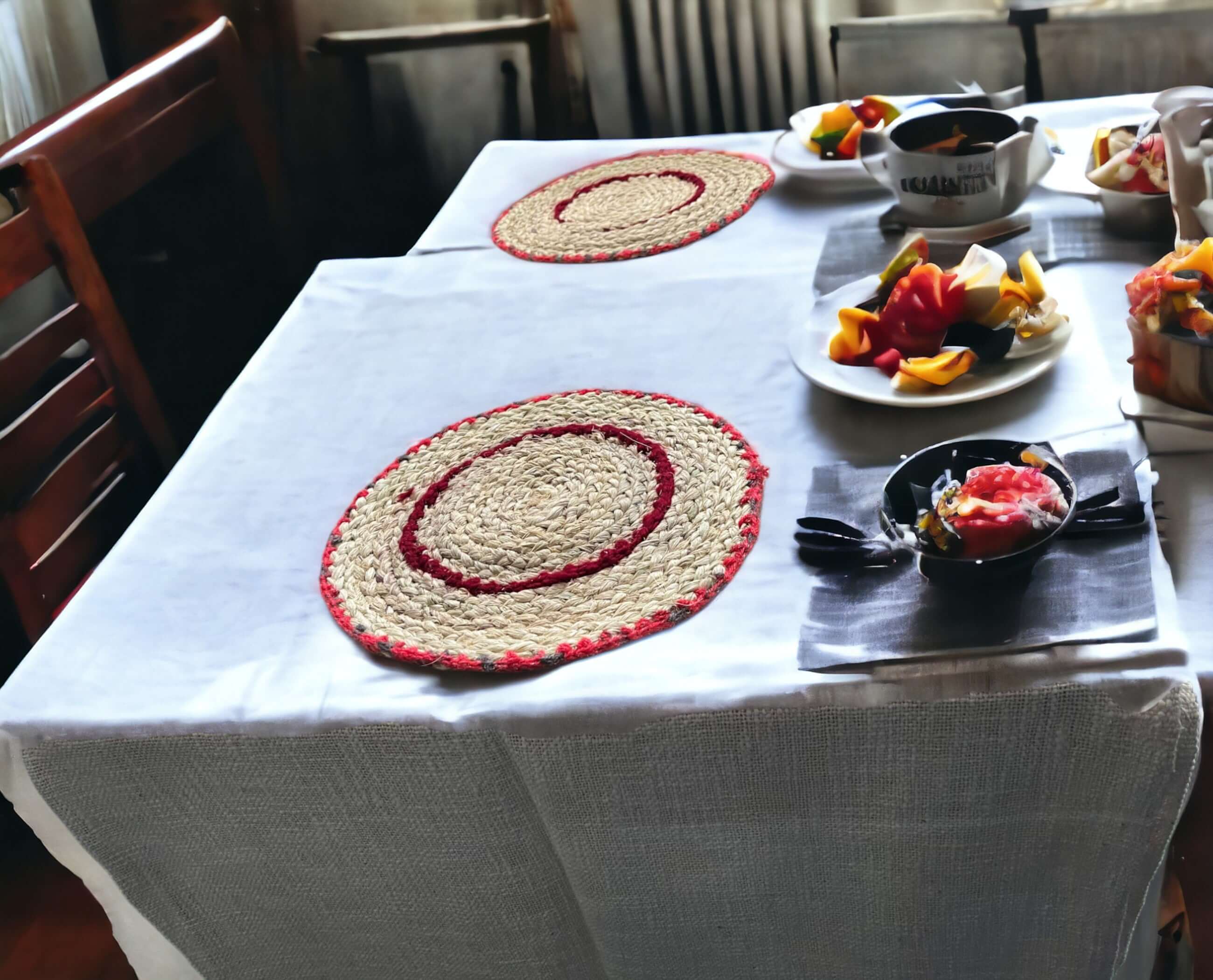 Handwoven banana fiber placemats on a dining table, showcasing their eco-friendly and durable design.