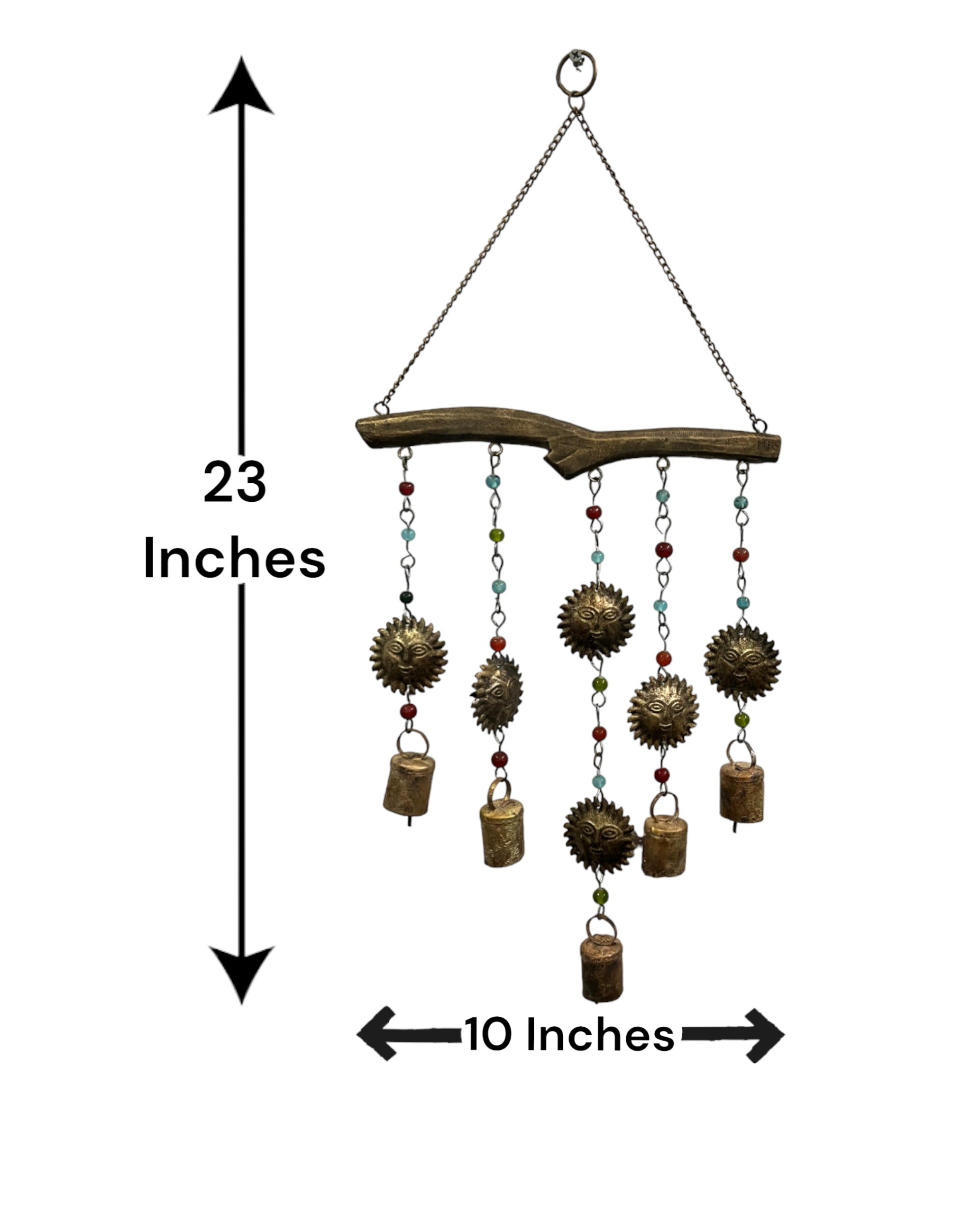 Handmade beaded iron wind chime featuring assorted bells and designs, measuring 23 inches by 10 inches.