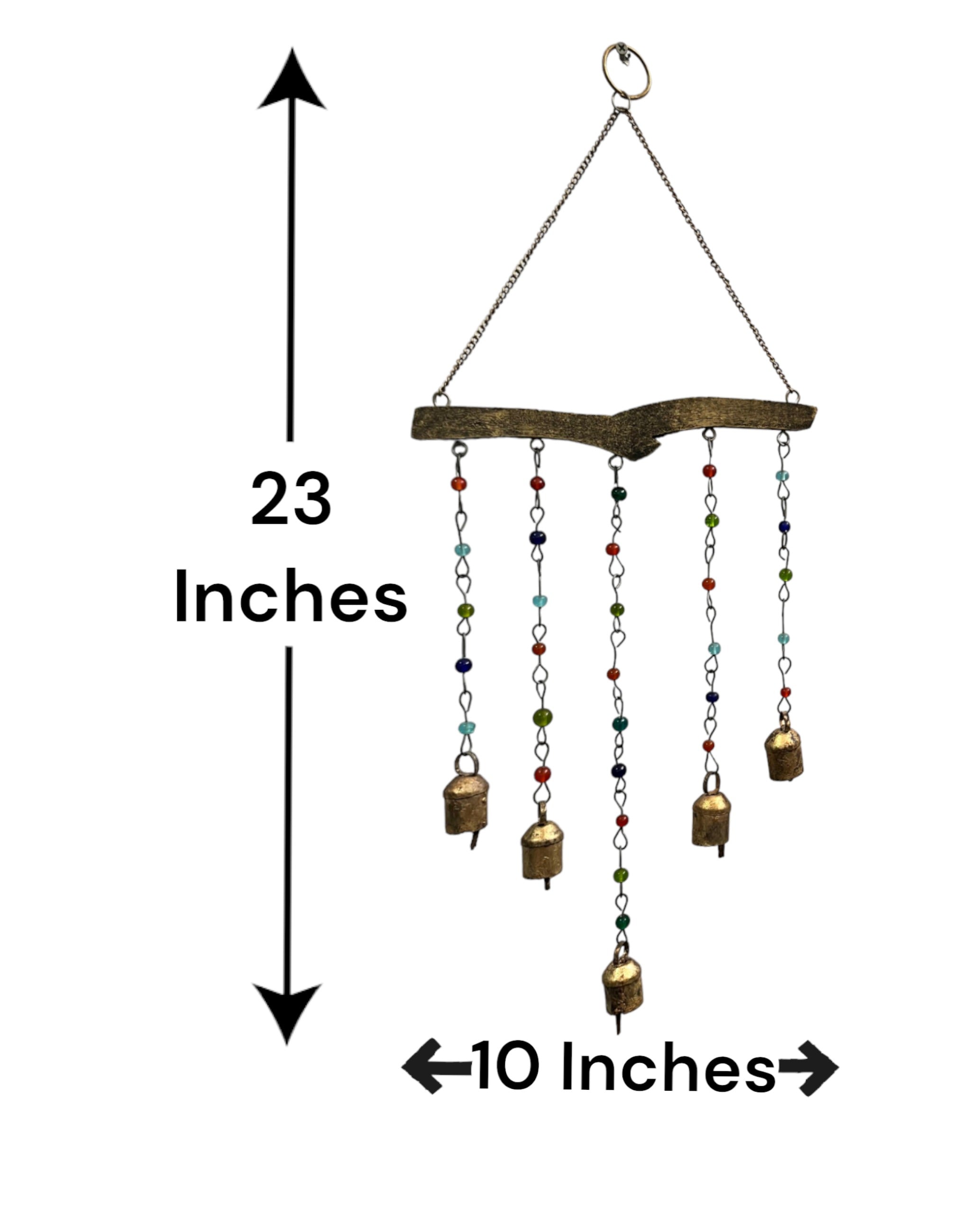Handmade beaded iron wind chime with colorful glass beads and metal bells, measuring 23x10 inches, perfect for Boho decor.