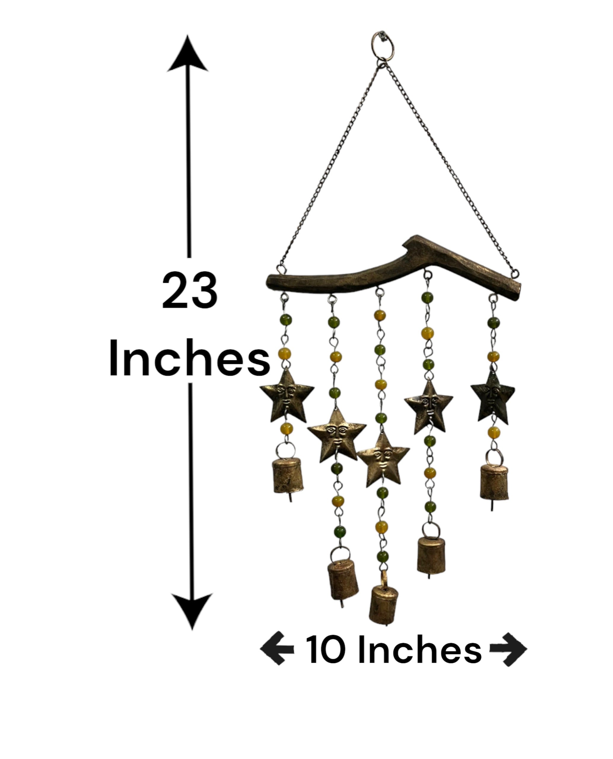 Handmade boho wind chime featuring stars and bells, measuring 23 inches tall and 10 inches wide, perfect for home decor.