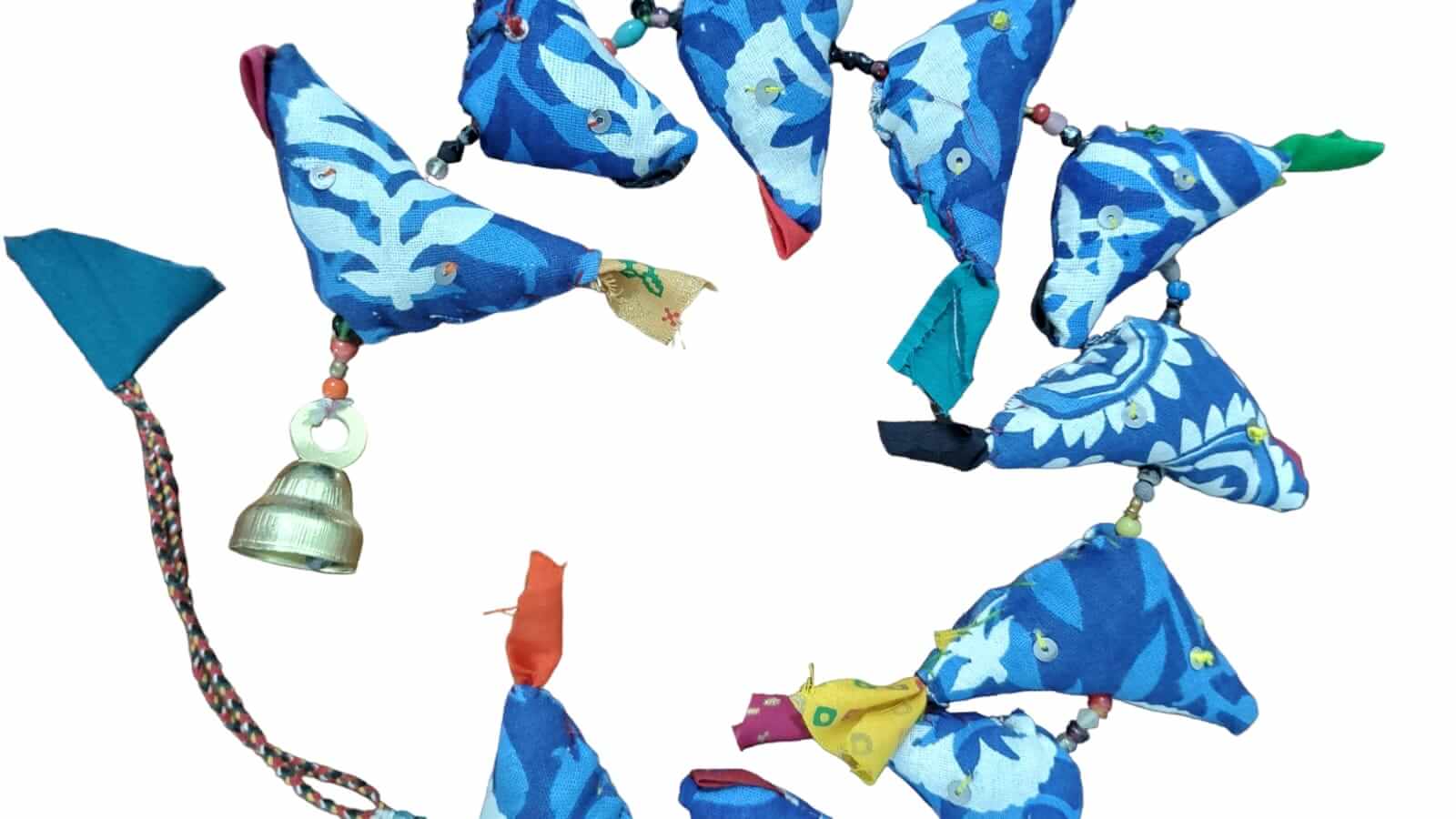 Colorful indigo blue stuffed bird ornaments with beads and a bell, ideal for boho home decor.