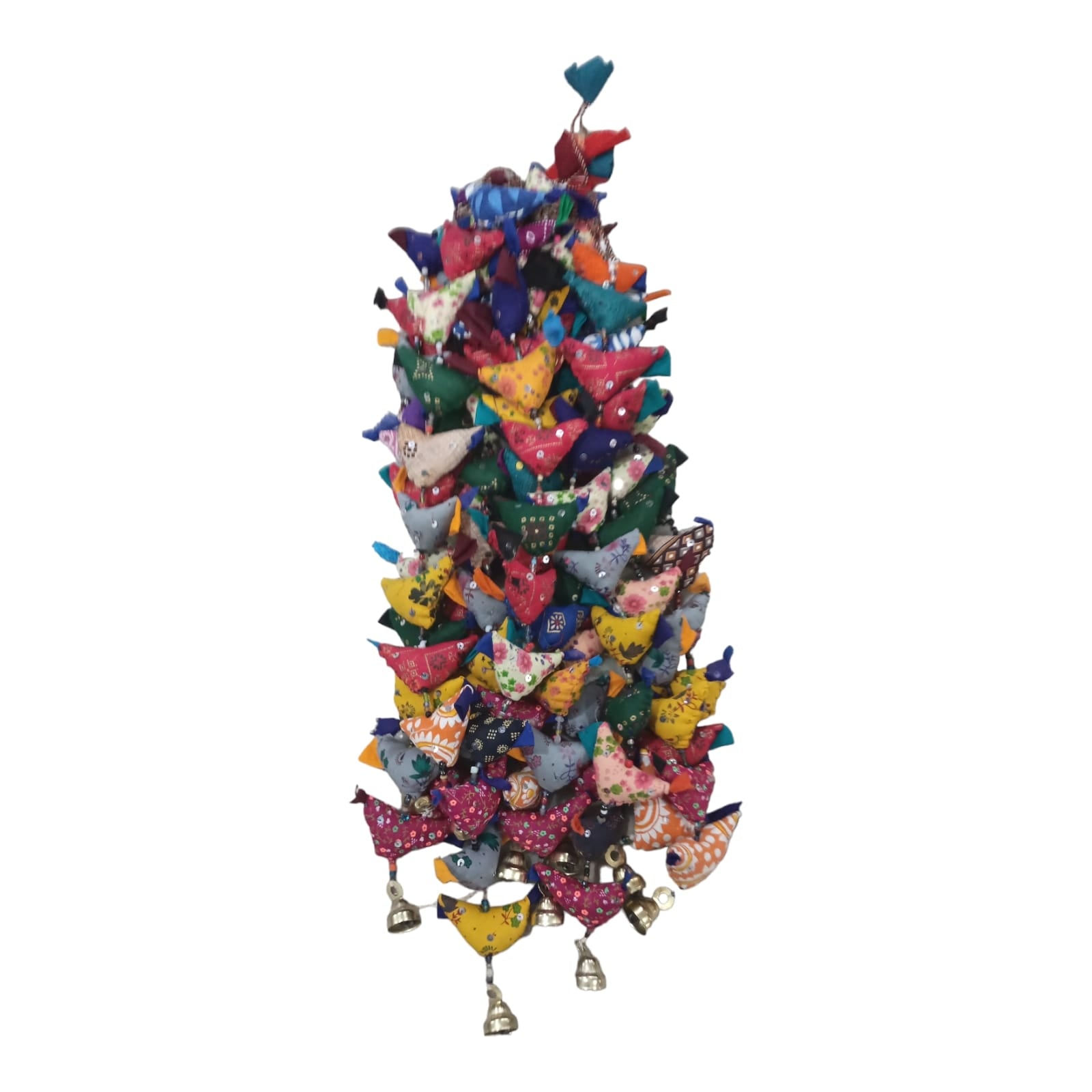 Colorful assortment of 10 recycled cotton stuffed birds with bells, ideal for boho home decor or ornaments.