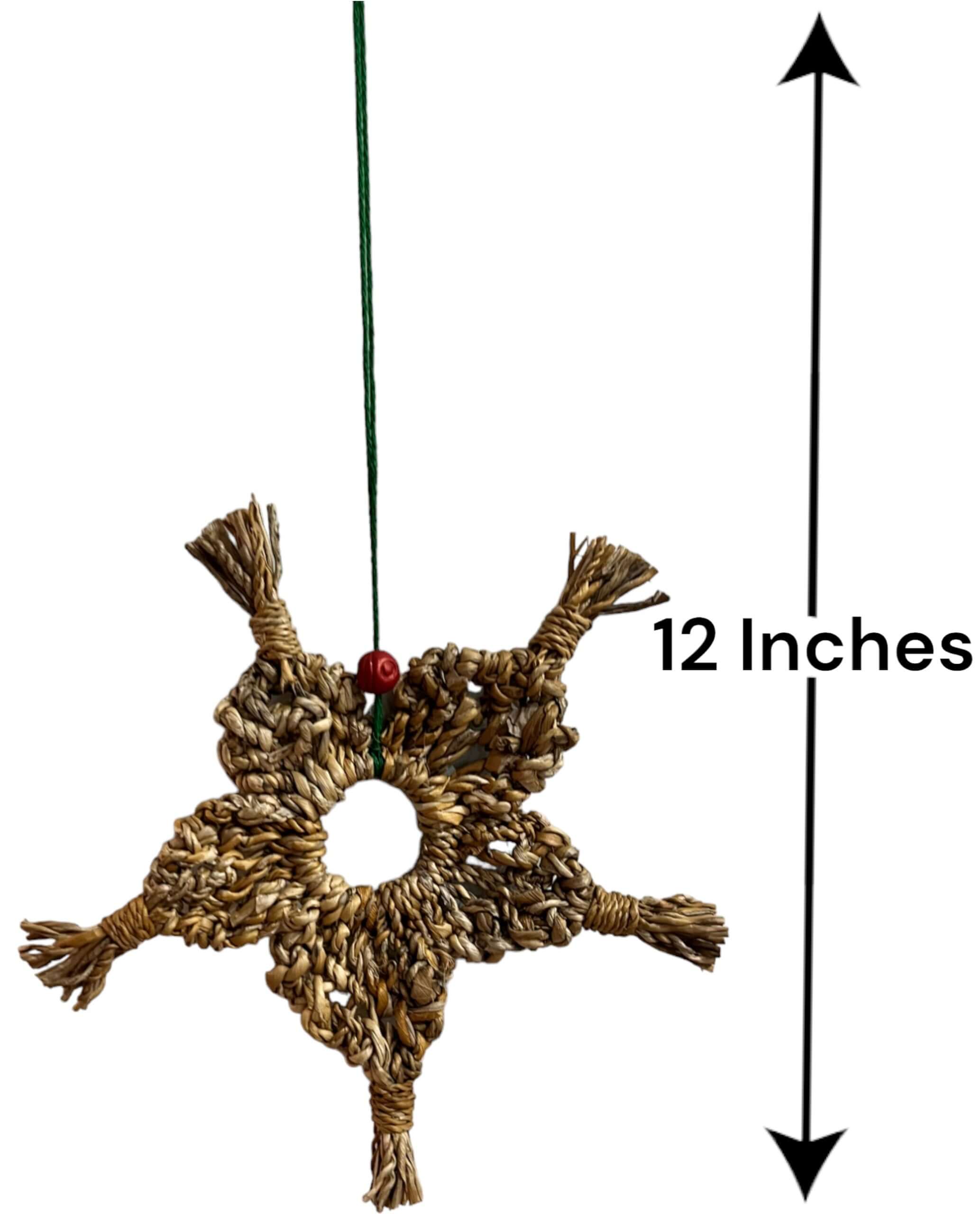 Handwoven banana fiber snowflake ornament, 12 inches long, eco-friendly Christmas decoration, unique and lightweight.