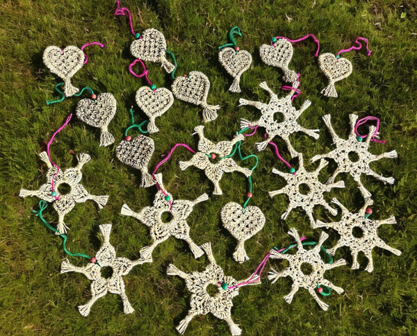 Handwoven Heart , Star Decoration Ornaments , X-Mas Tree Decor , Handmade Small Christmas Tree Ornaments Lot 50 Pieces Mix