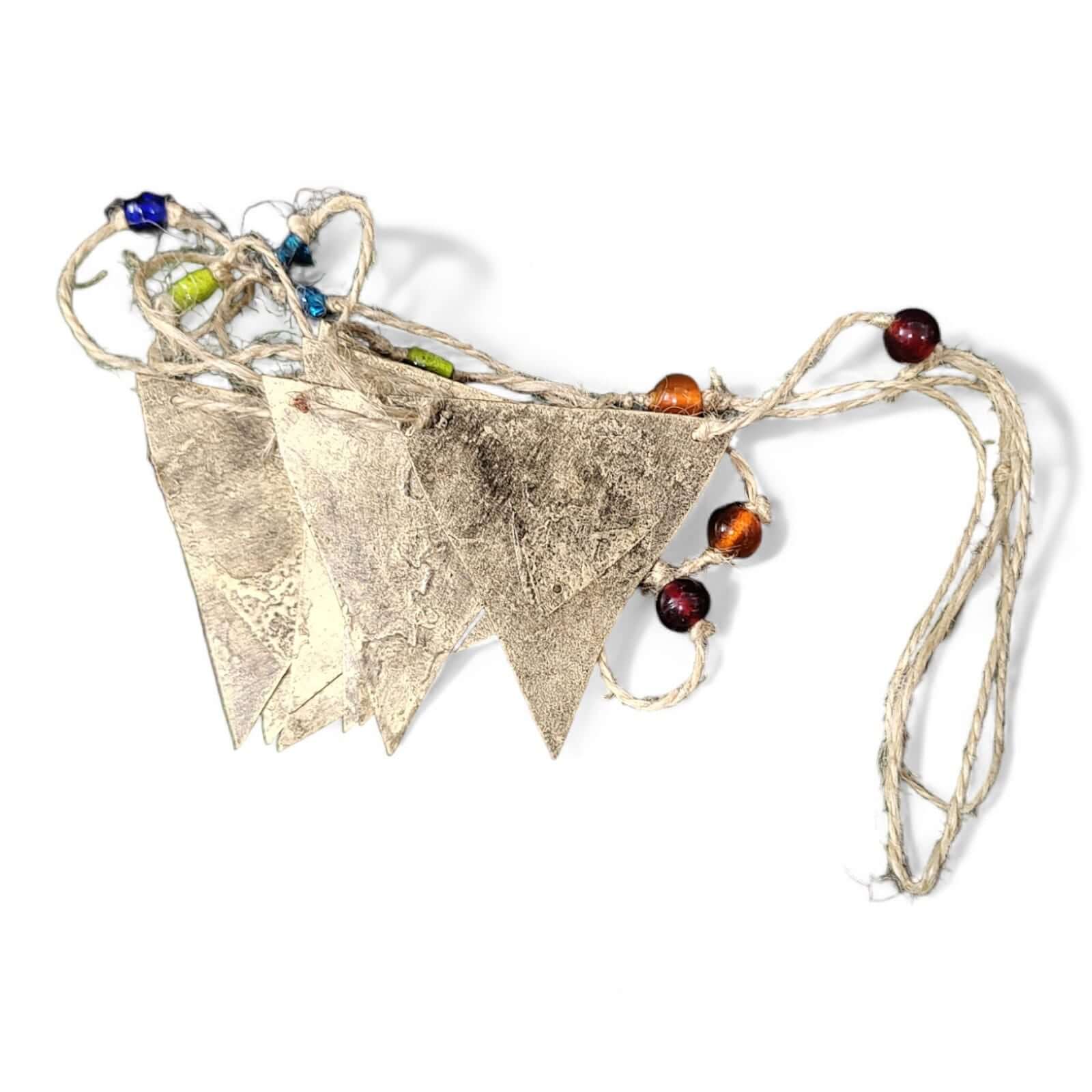 Recycled iron triangle bunting garland with multicolored glass beads, perfect for bohemian party décor.