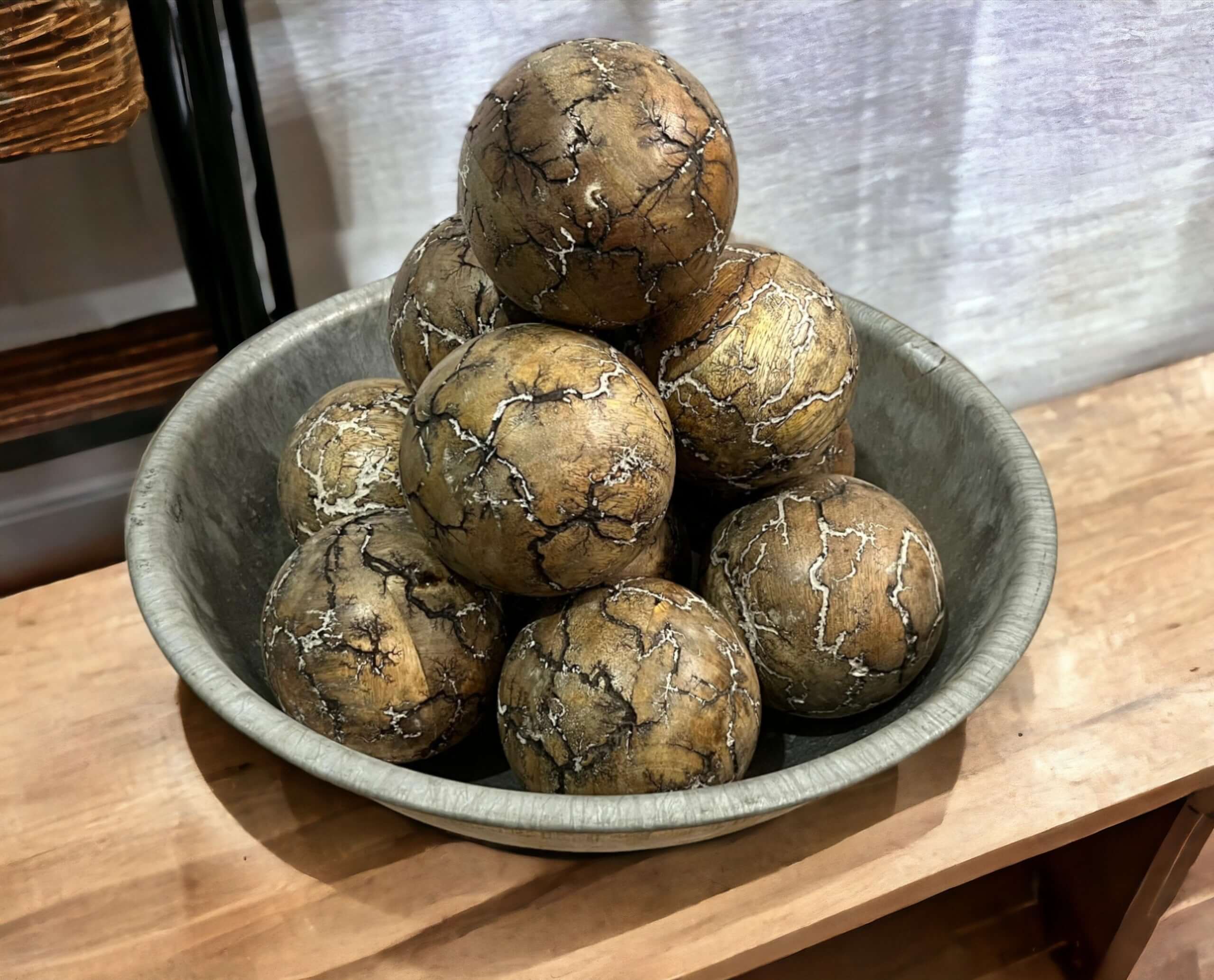 Adorable handcrafted wood balls in 2 styles, perfect for rustic home accents, table decorations, and country style decor.