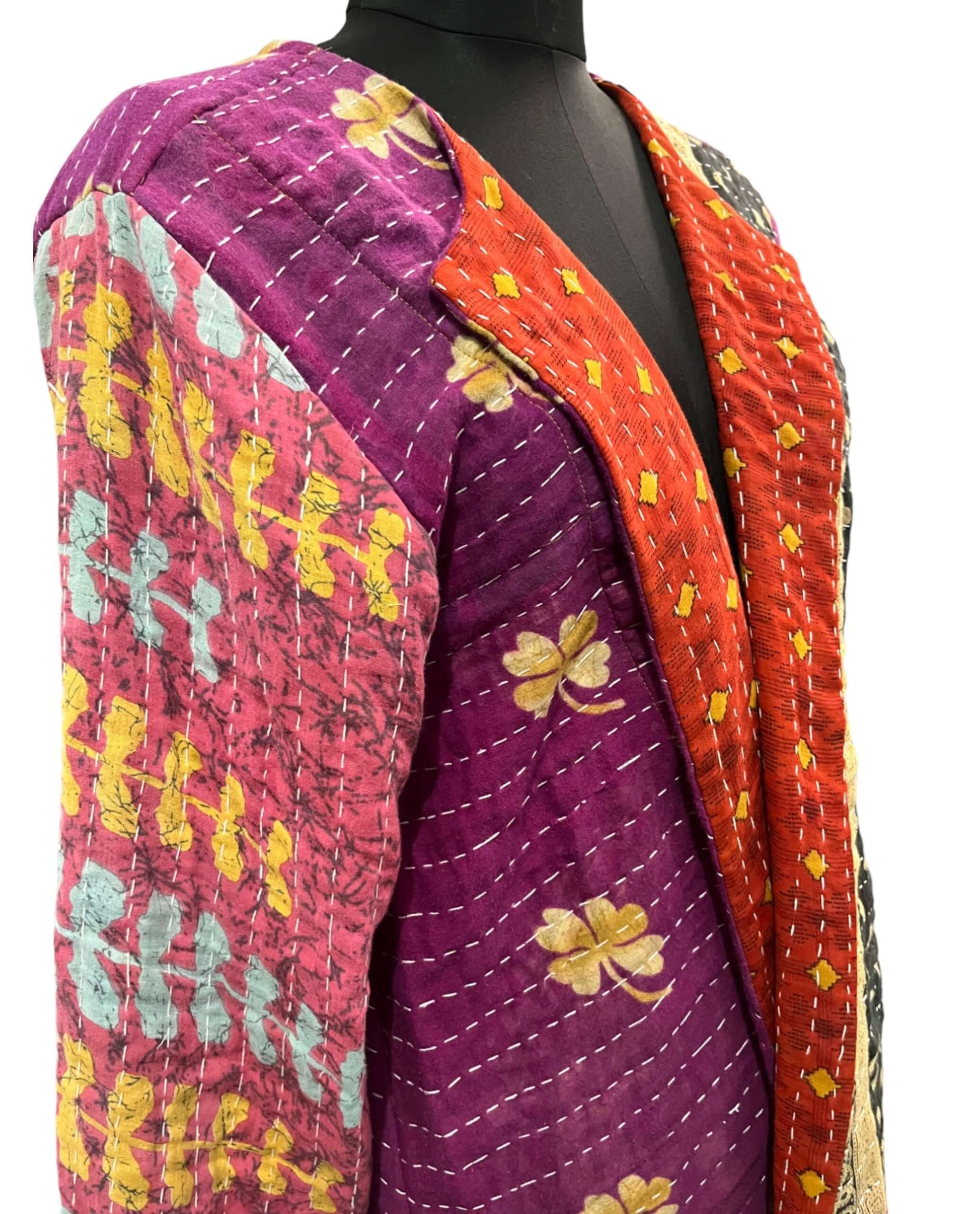 Vintage 100%cotton sari kantha jacket coat bohemian vintage style overcoat rustic wear Boho Style for Unisex , Collared Jacket CoatUnique 100% cotton kantha jacket with a rustic boho style. Custom sizes available. Reversible and hand-embroidered for a one