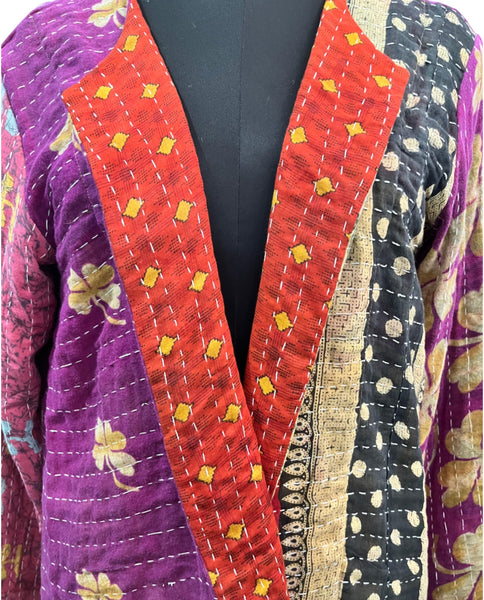 Vintage 100%cotton sari kantha jacket coat bohemian vintage style overcoat rustic wear Boho Style for Unisex ,  Collared Jacket Coat