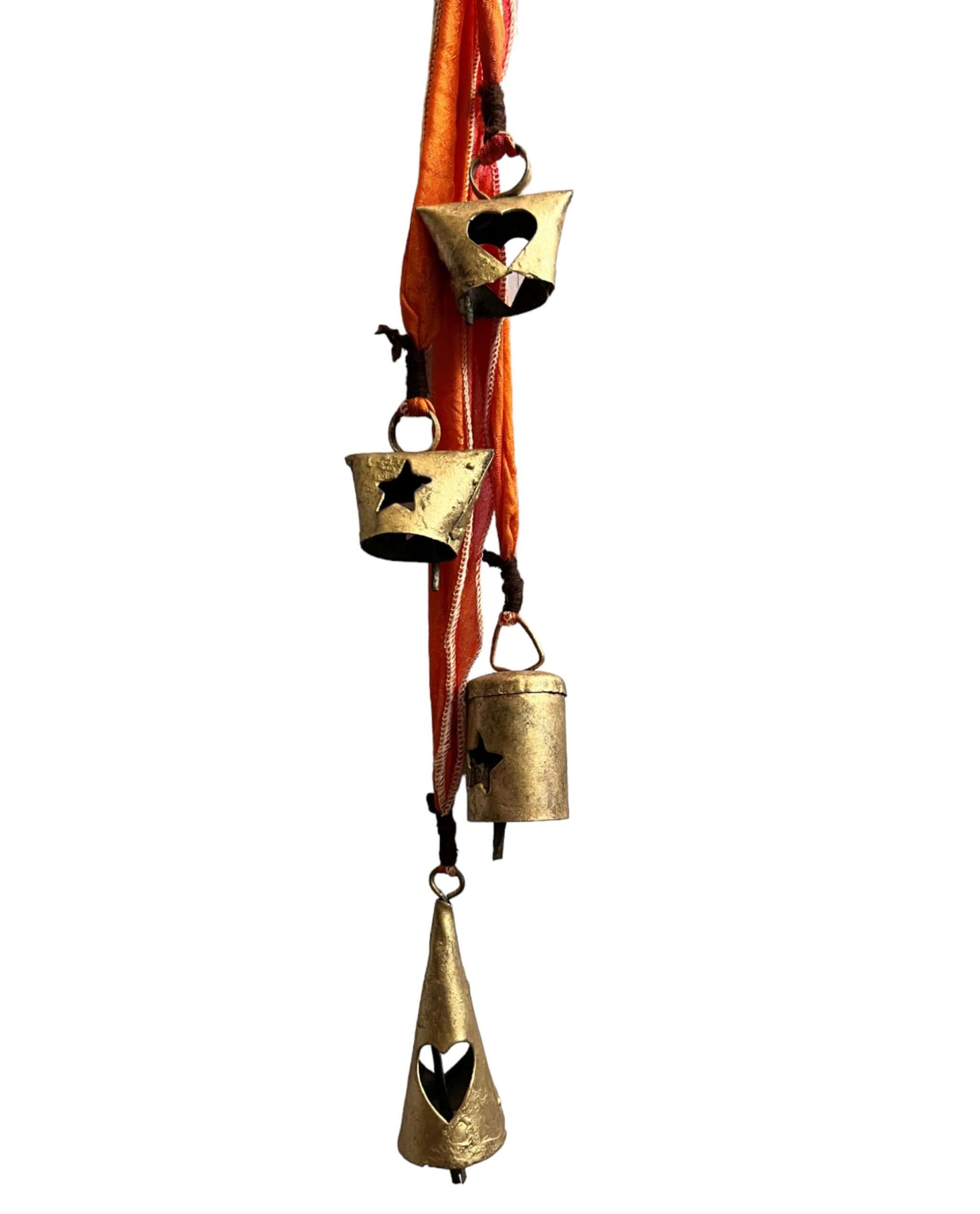 Handmade metal Christmas bell door hanger with multicolored sari fabrics, recycled materials, and tinkling bells sound.