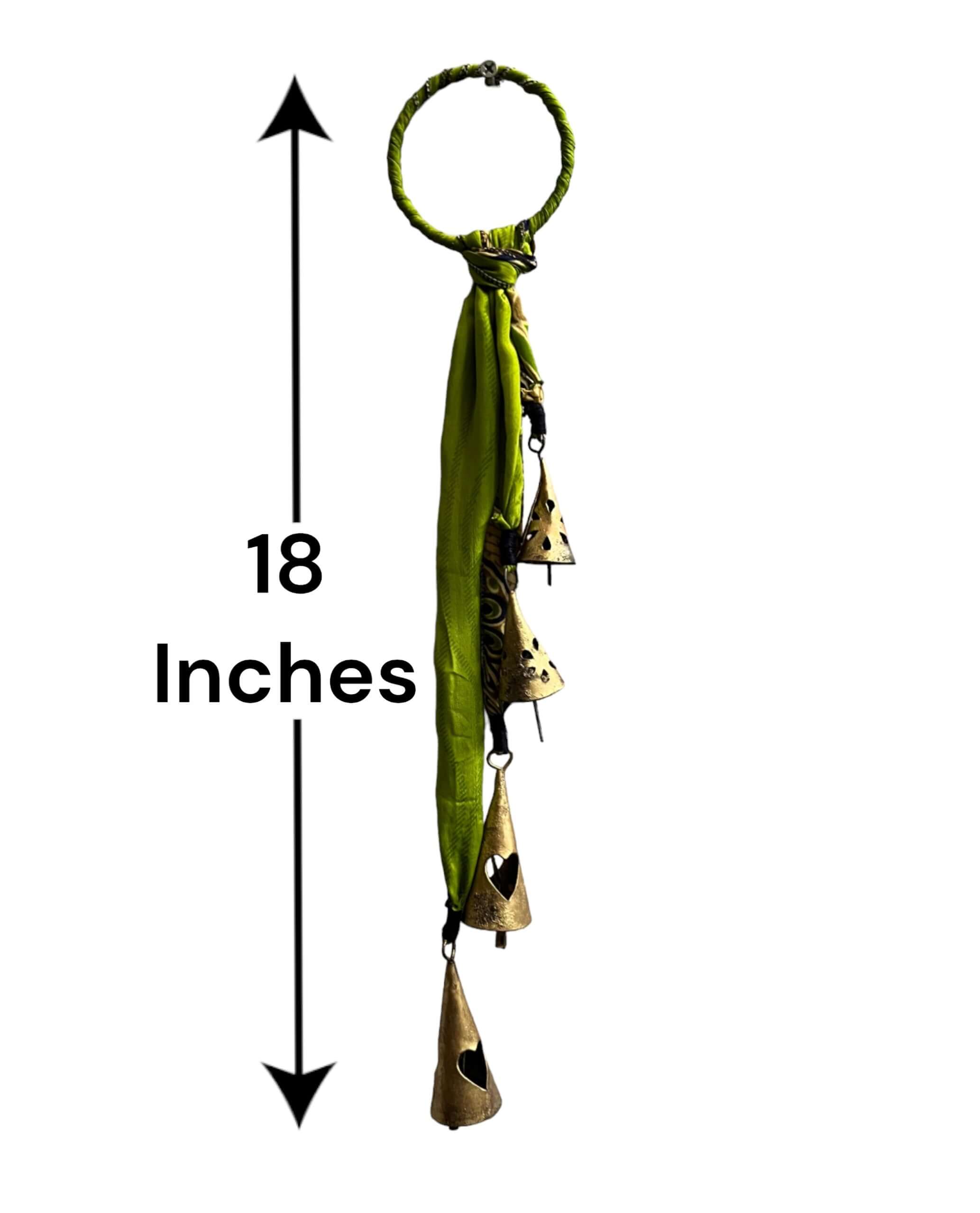 Handmade evil eye metal bell door hanger, 18 inches, bohemian decor, recycled materials, colorful design for holiday decor.