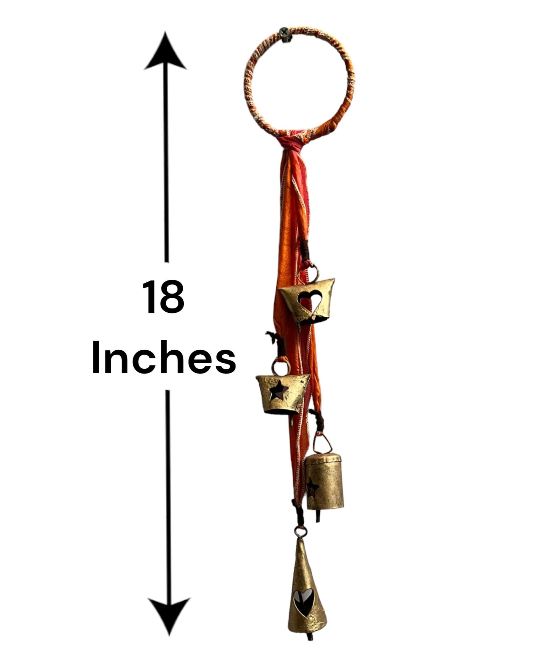 Handmade metal bell door hanger ornament, 18 inches long, featuring recycled materials and vibrant sari fabric.