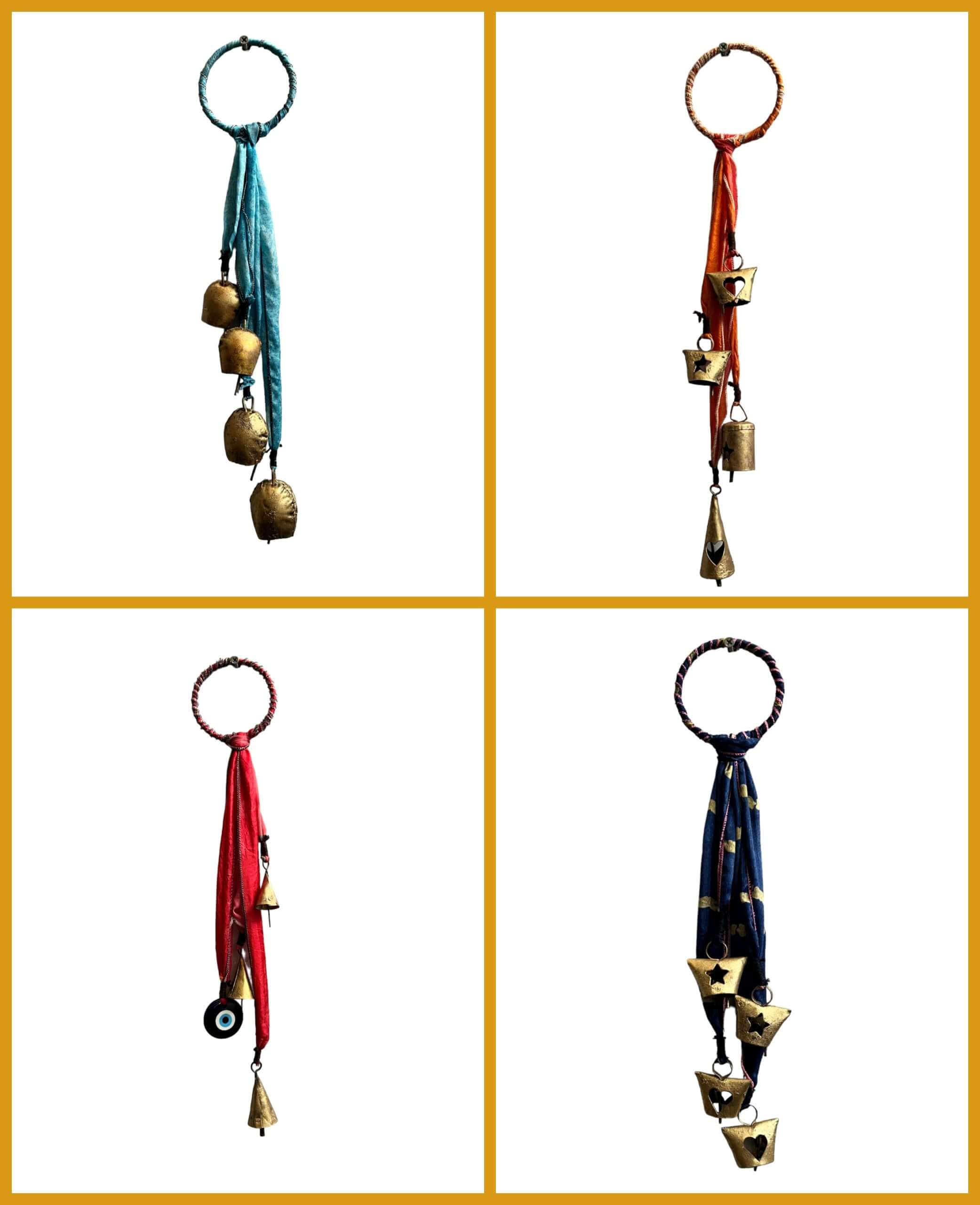 Assorted handmade evil eye metal bells in various colors, bohemian door hangers, crafted from recycled materials.
