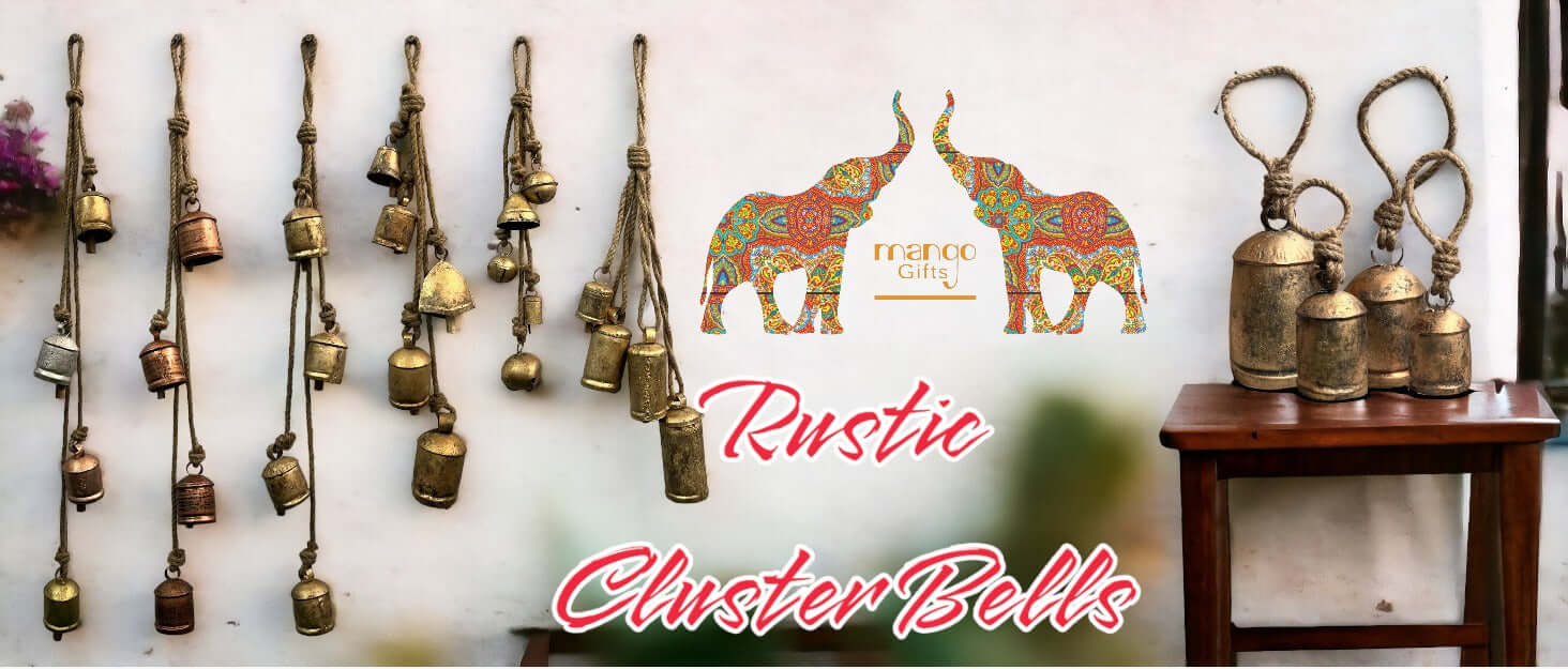 Rustic Harmony Jingle Bells Cluster Set displayed with various designs and antique finish, handcrafted from recycled iron.