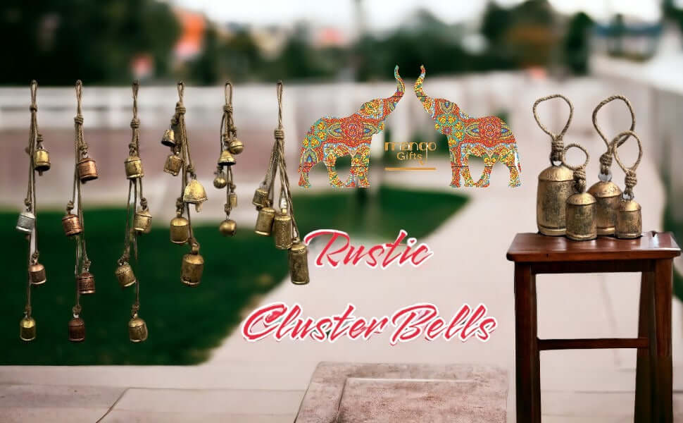 Rustic Harmony Jingle Bells Cluster Set displayed on a table, showcasing assorted antique gold distressed finish bells.