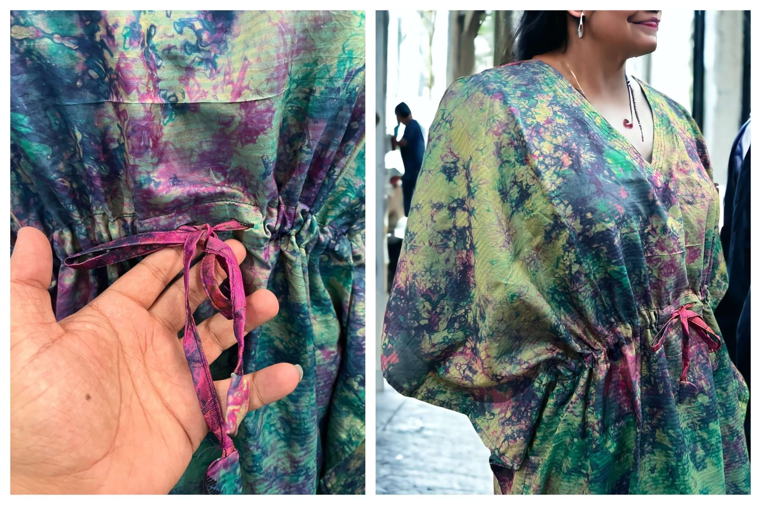 Upcycled silk sari tie-dye caftan with adjustable drawstring, showcasing vibrant colors and stylish design for boho fashion.