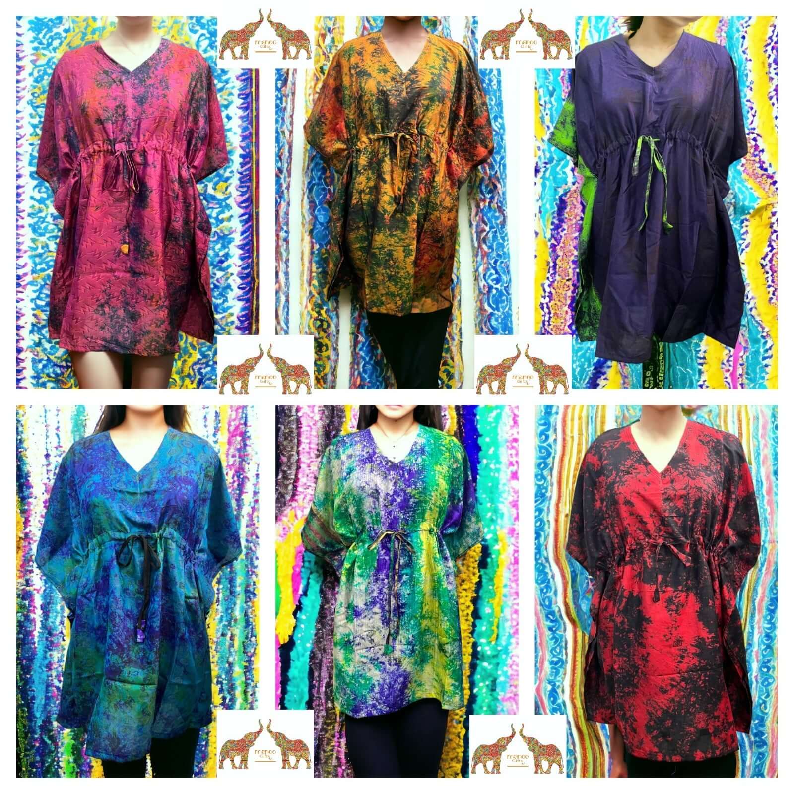 Assorted tie-dye kaftan tunics in vibrant colors, showcasing upcycled silk sari fabric, perfect for boho beachwear.