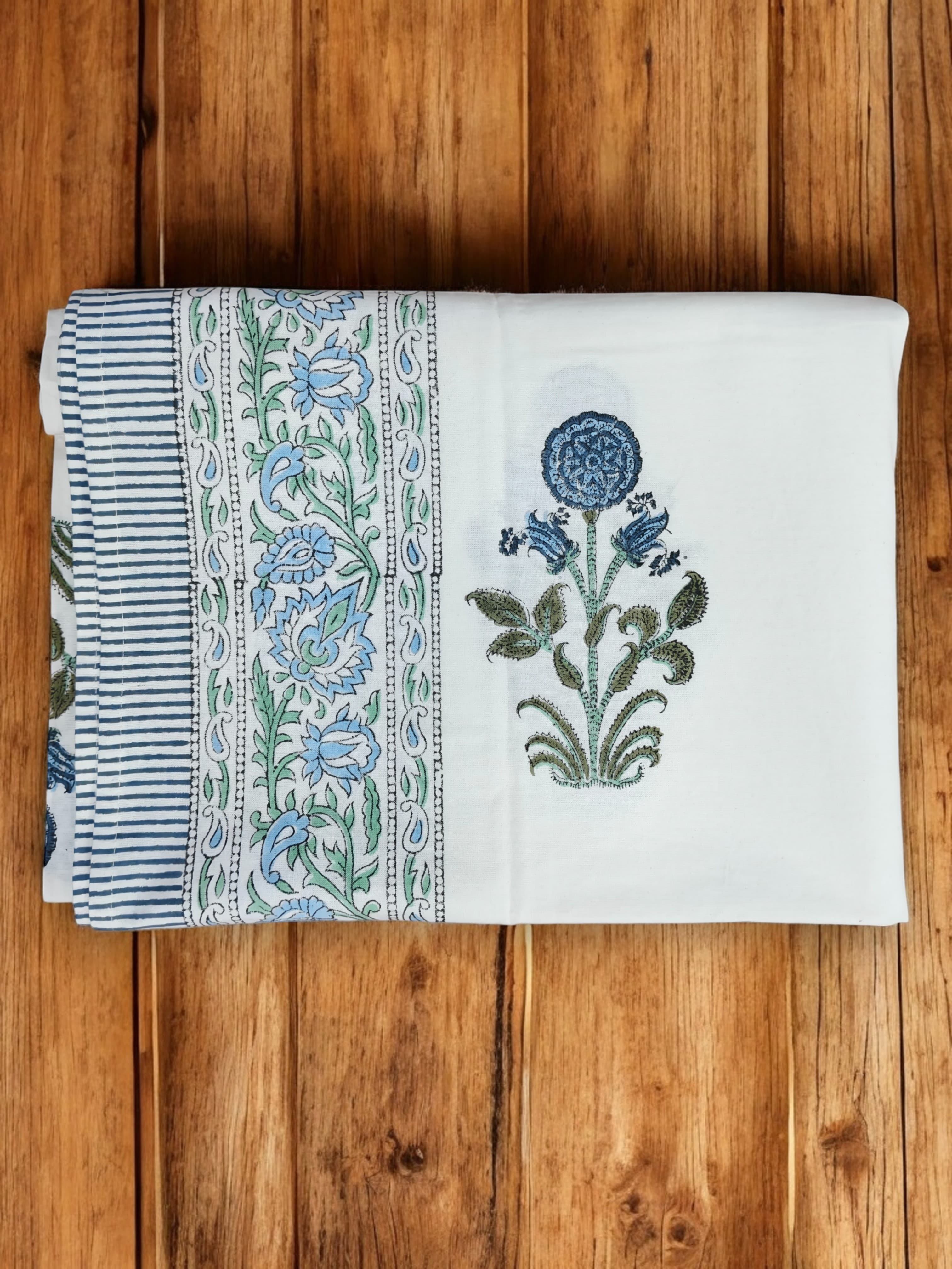 Mango Gifts Hand Block Printed 100% Rectangular Pure Cotton Tablecloth | Floral & Striped Design, Washable Dining Table Cover, 60x90 Inches