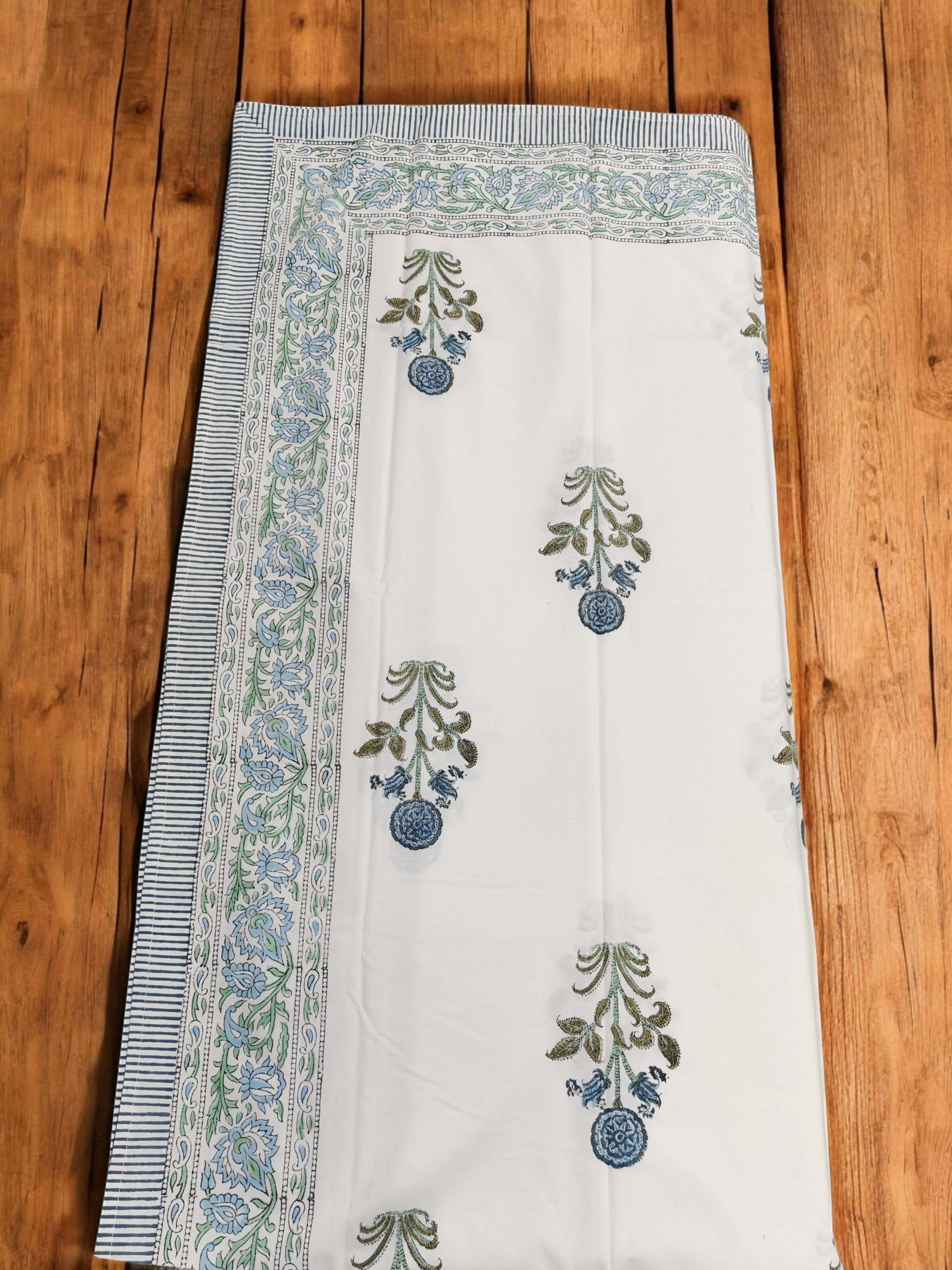 Mango Gifts Hand Block Printed 100% Rectangular Pure Cotton Tablecloth | Floral & Striped Design, Washable Dining Table Cover, 60x90 Inches