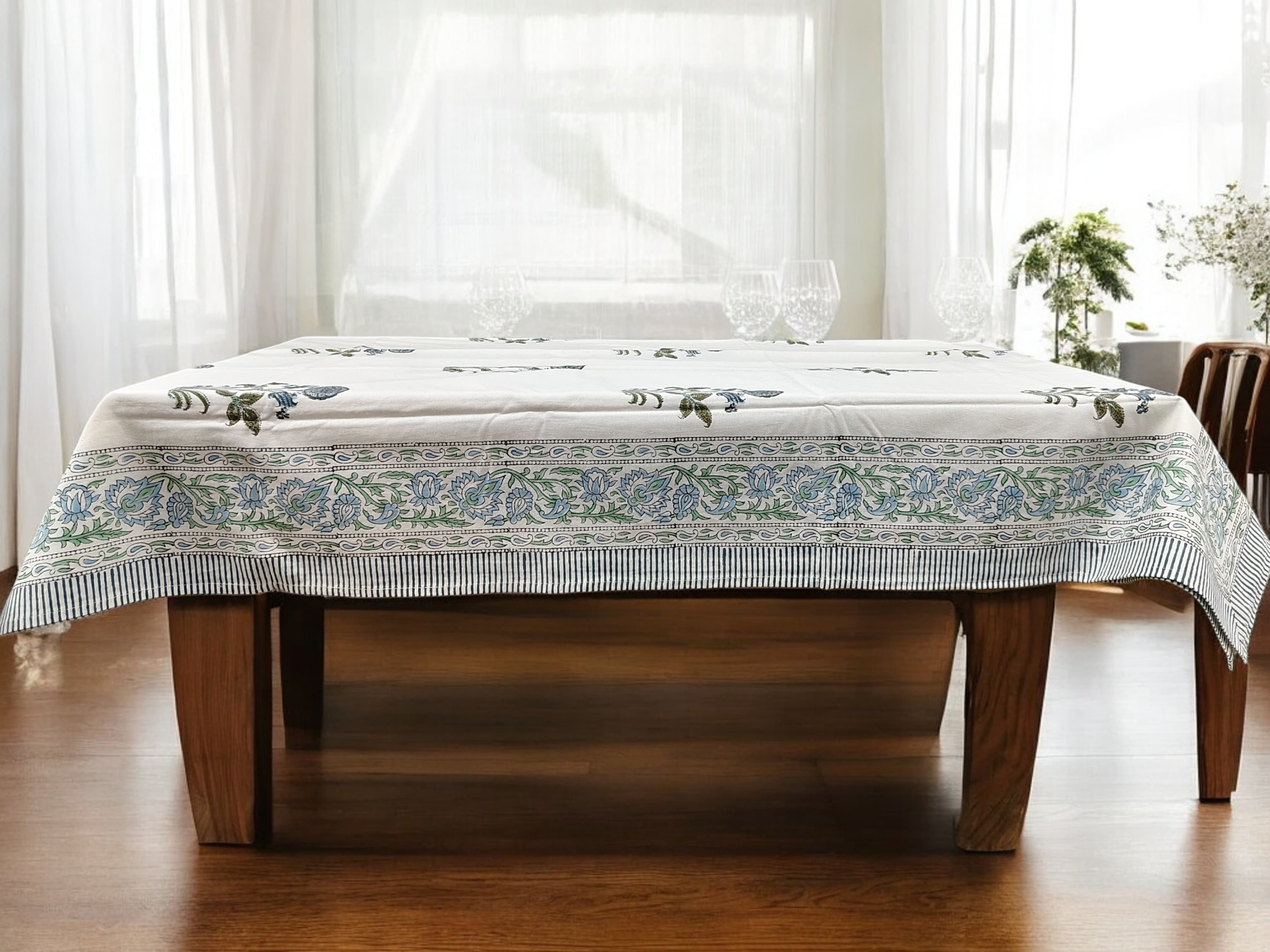 Mango Gifts Hand Block Printed 100% Rectangular Pure Cotton Tablecloth | Floral & Striped Design, Washable Dining Table Cover, 60x90 Inches